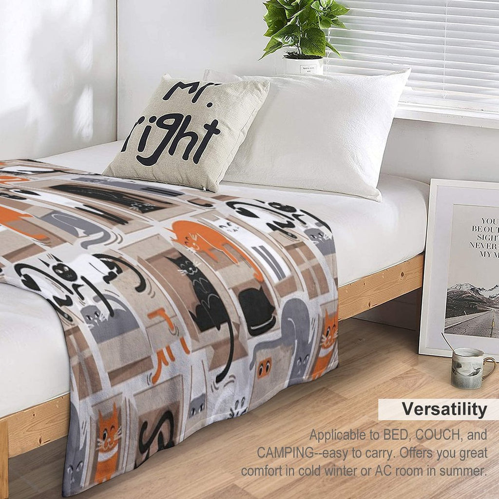 Purfect Feline Architecture  Beige Background Cute Cats in Cardboard Boxes Sustainable Throw Blanket