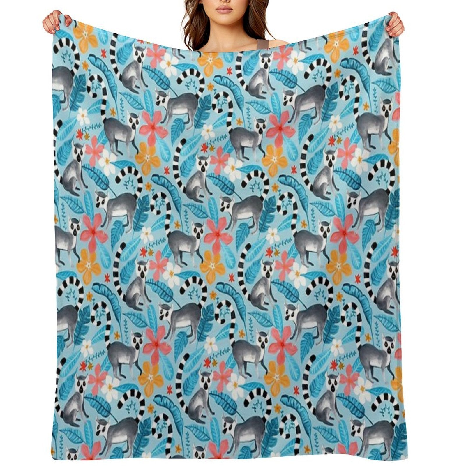 Gouache Lemur Land on Blue All-season Throw Blanket