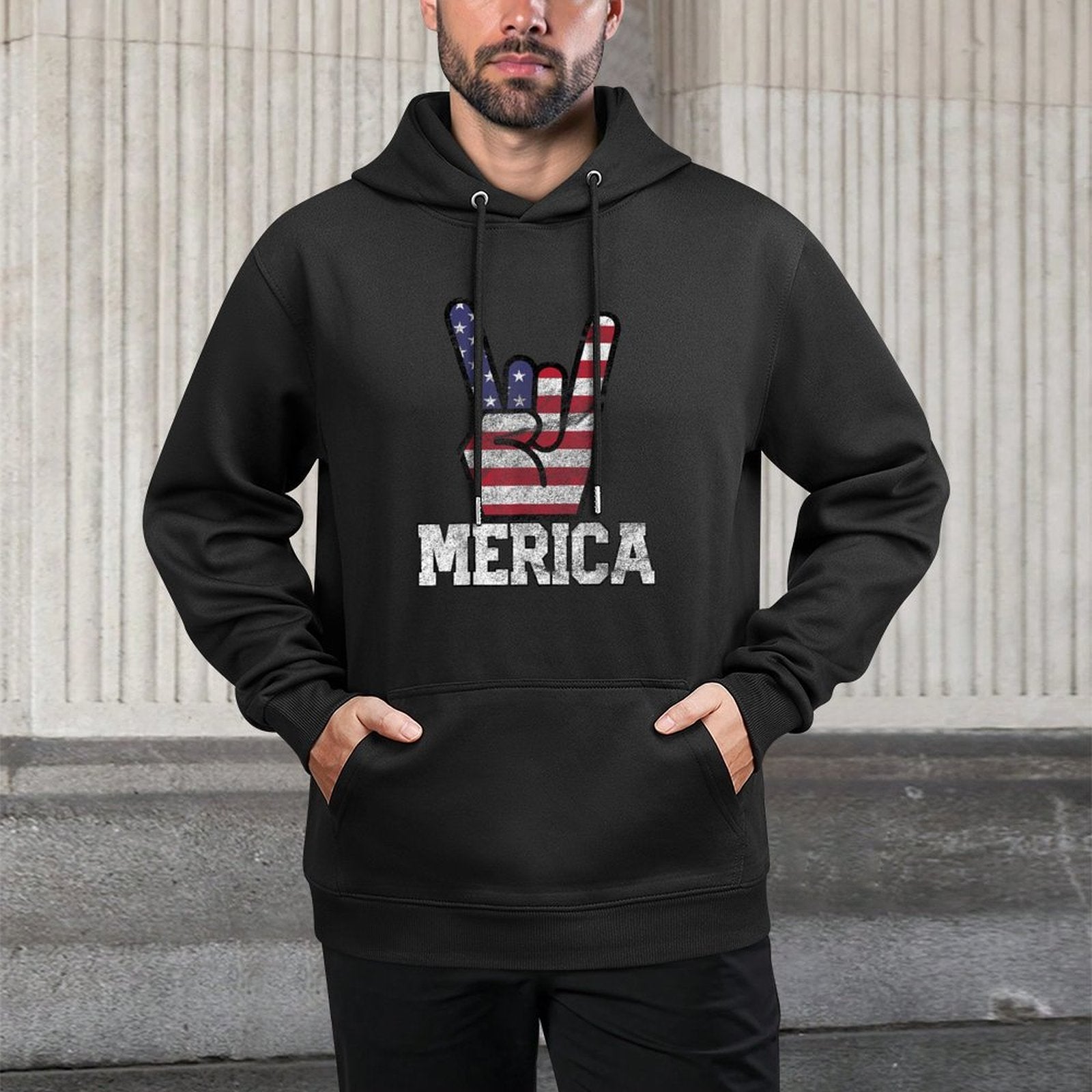 Merica Rock Sign 4th of July Vintage American Retro USA Adjustable Hood Hoodie