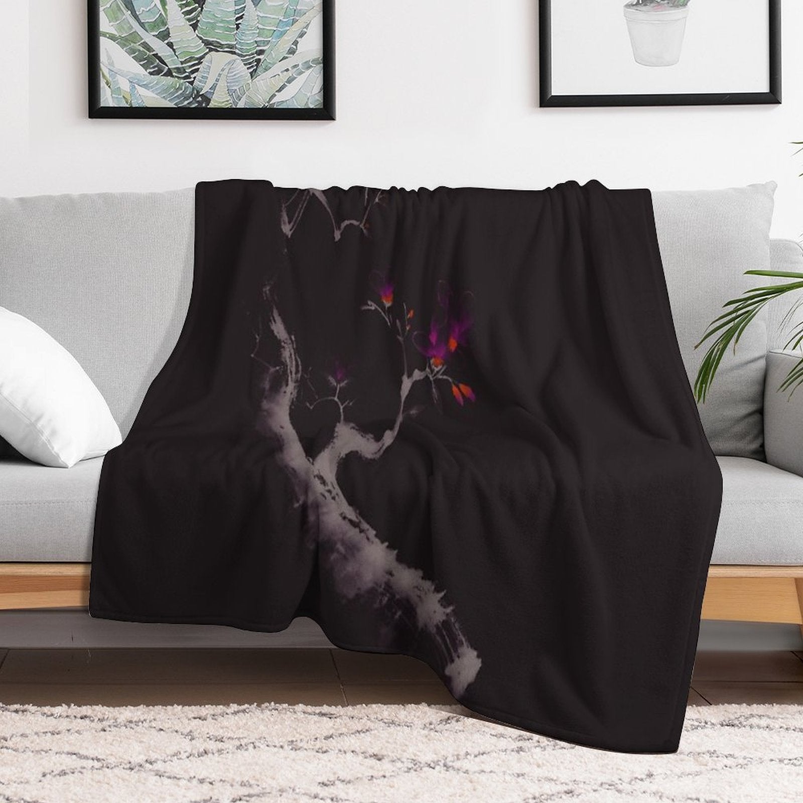 Enchanting Oriental Artwork of A Budding Sakura Branch with Deep Violet Flowers Art Print Travel-friendly Throw Blanket