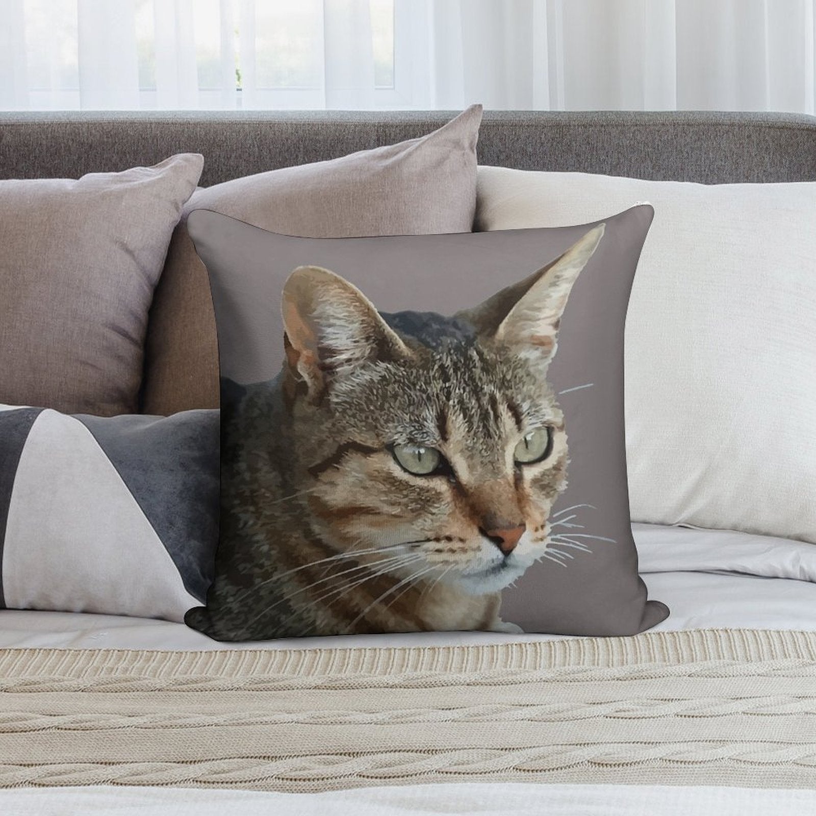 Stunning Tabby Cat Close Up Portrait Vector Isolated Soft Washable Throw Pillow
