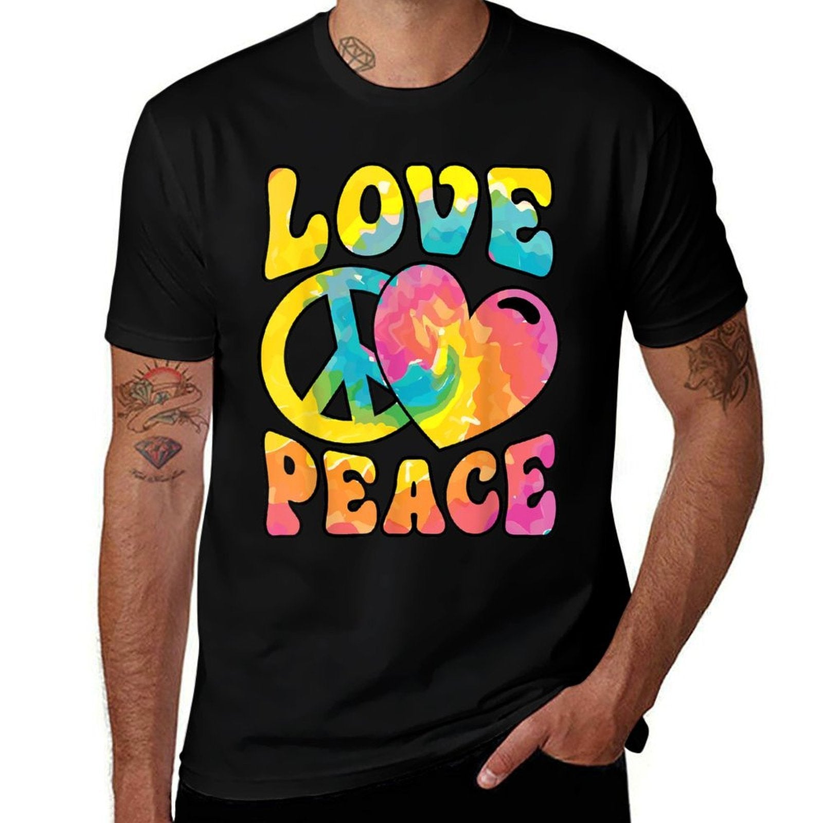Hippie Women Men Love Peace Sign Heart Tie Dye Retro Groovy  Trendy Pattern T-Shirt