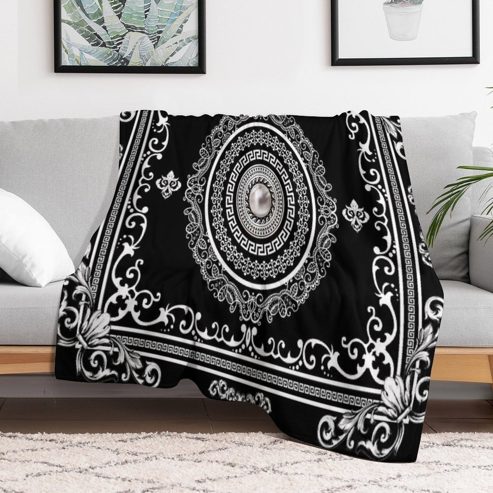 Baroque Ornate White Black Greek Key Travel-friendly Throw Blanket