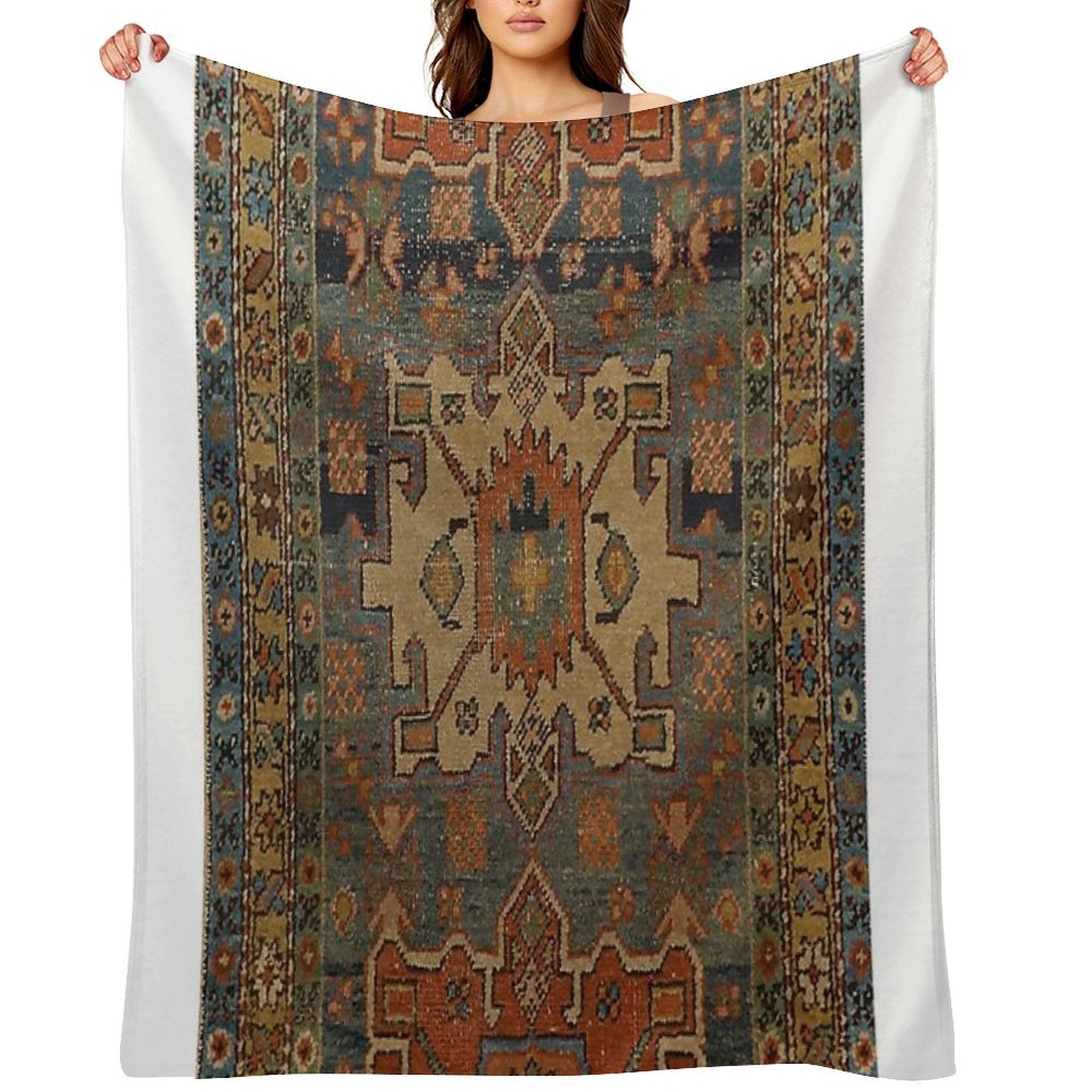 Persia Heriz 19th Century Authentic Colorful Picture of A Orange Blue And Green Rug Sustainable Throw Blanket