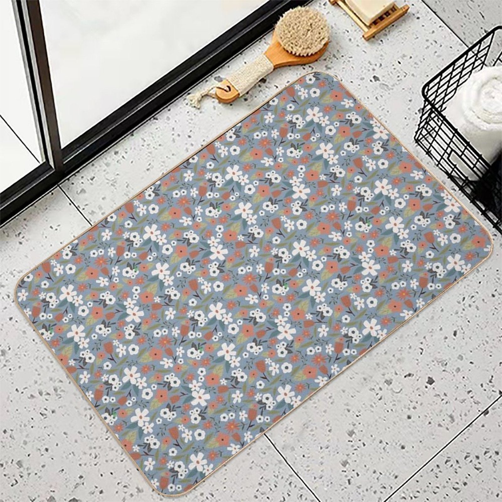 White Flowers on Blue Background Vintage Seamless Pattern  Dirt-Trapping Bath Mat