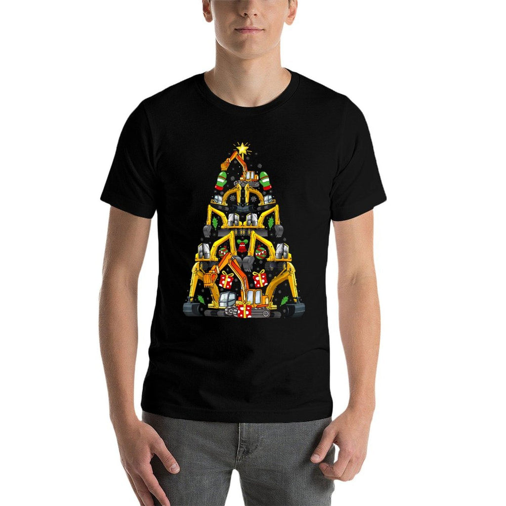Excavator Christmas Tree Funny Vehicles Xmas Adult And Kids  Ribbed Collar T-Shirt