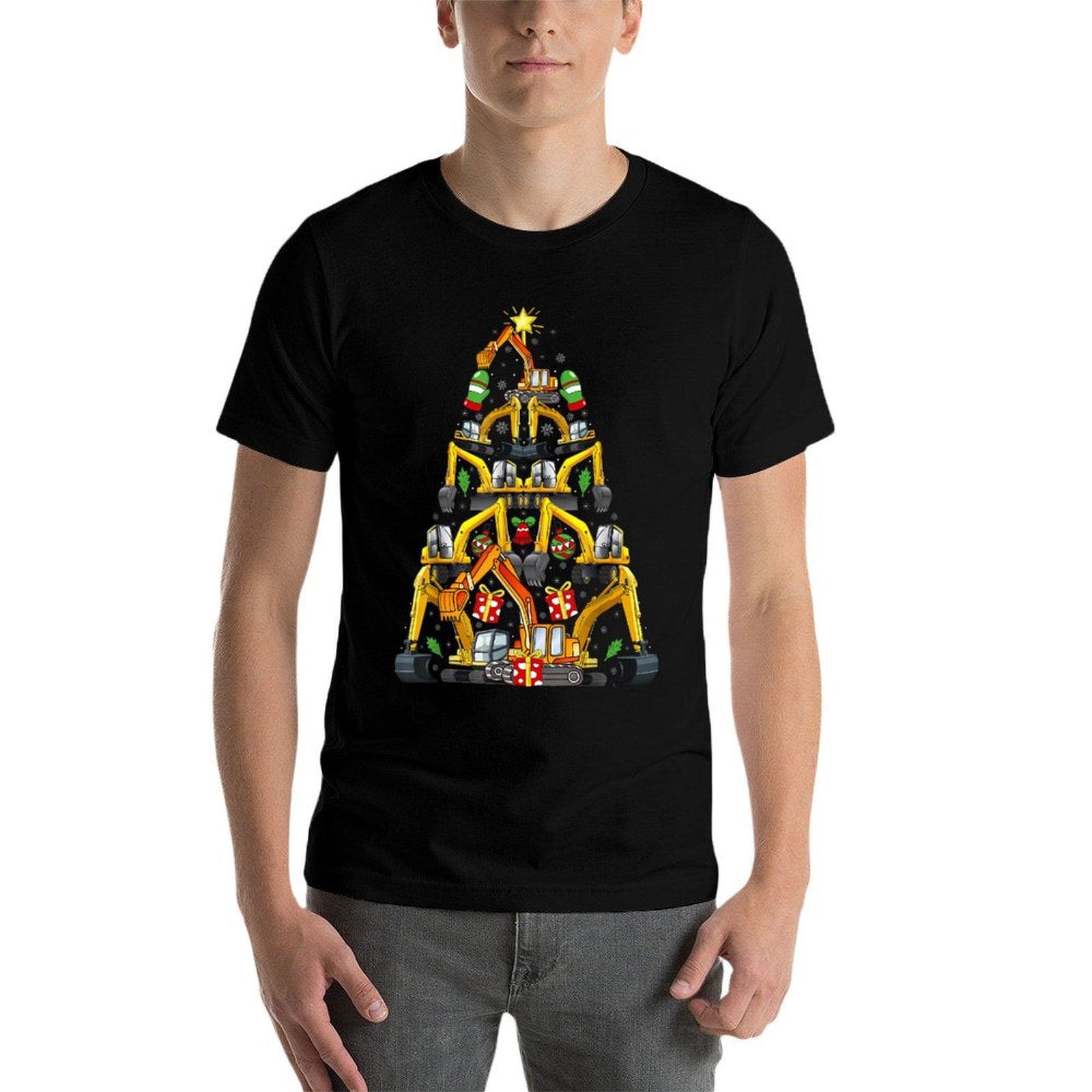 Excavator Christmas Tree Funny Vehicles Xmas Adult And Kids  Ribbed Collar T-Shirt
