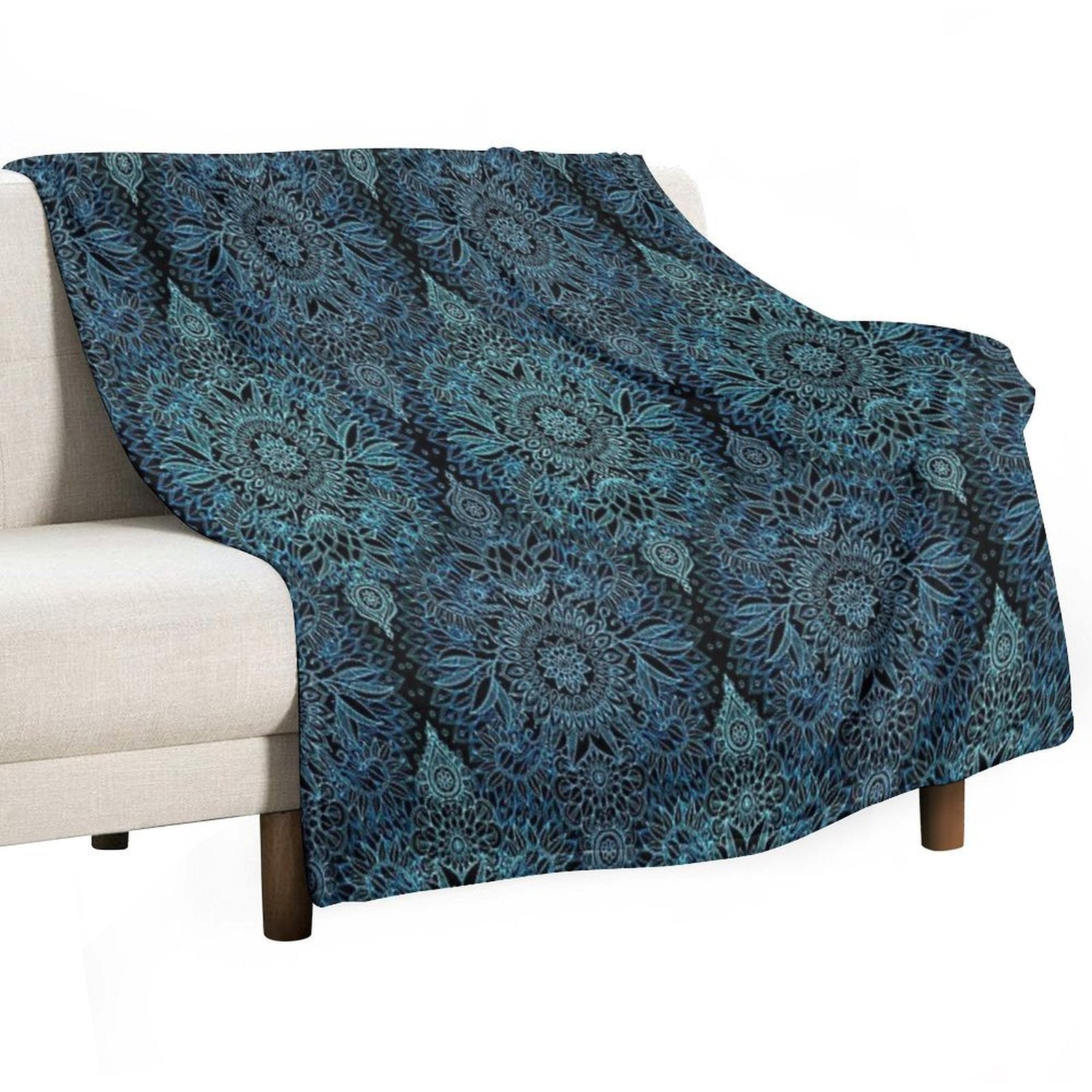 Black, Teal & Aqua Protea Doodle Pattern Multi-functional Throw Blanket