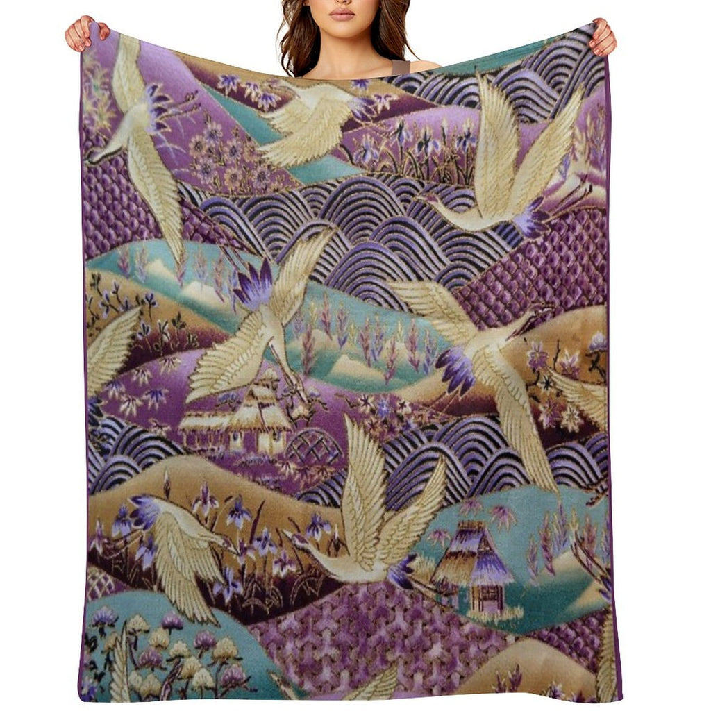 Japanese Crane Kimono Style Embroidered Pattern Eco-conscious Throw Blanket