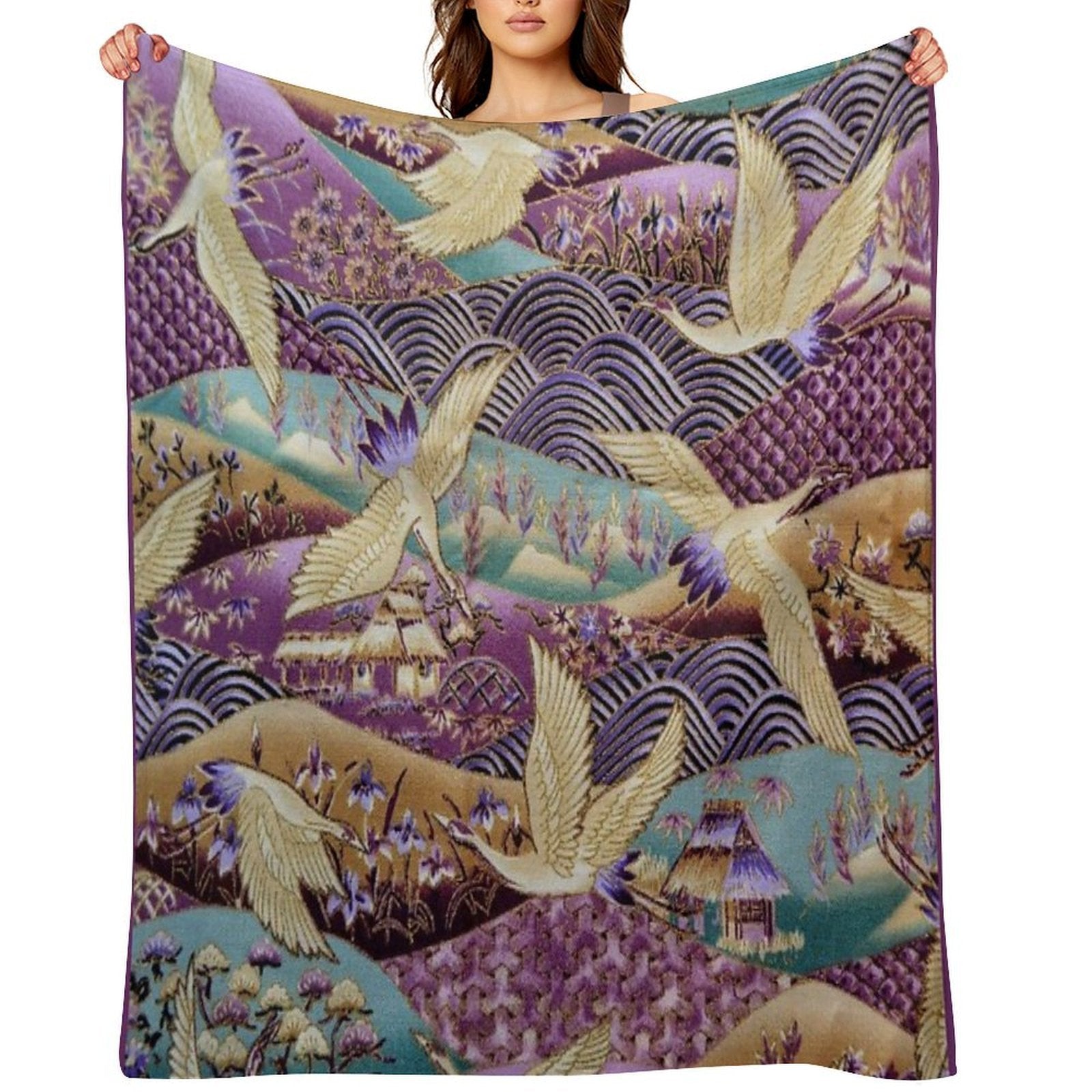 Japanese Crane Kimono Style Embroidered Pattern Eco-conscious Throw Blanket