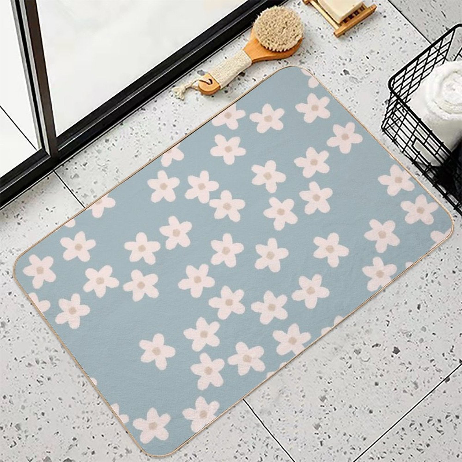 Spring Floral Daisy Print in Pastel Blue  Repositionable Bath Mat