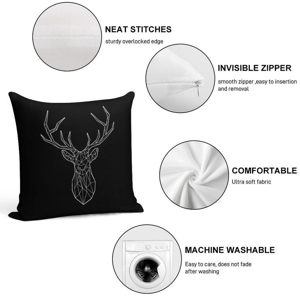 Geometric Stag - BLACK Soft Fade-Resistant Throw Pillow