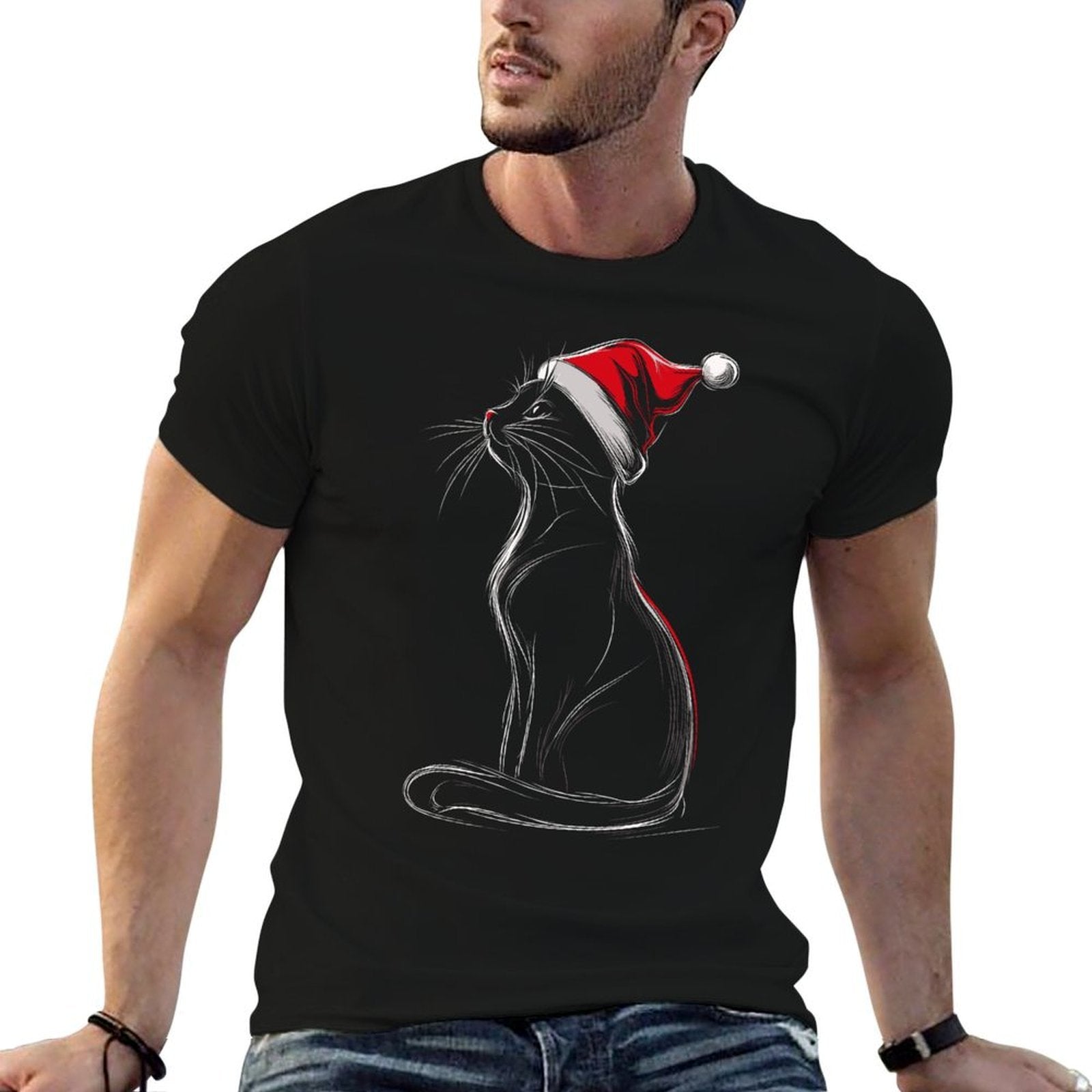 Black Cat Santa Hat Christmas Xmas Kitten  Relaxed-fit T-Shirt