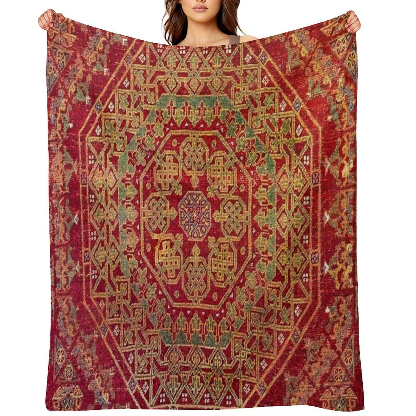 Bohemian Medallion VII  15th Century Old Distressed Red Green Coloful Ornate Accent Rug Pattern Wrinkle-free Throw Blanket