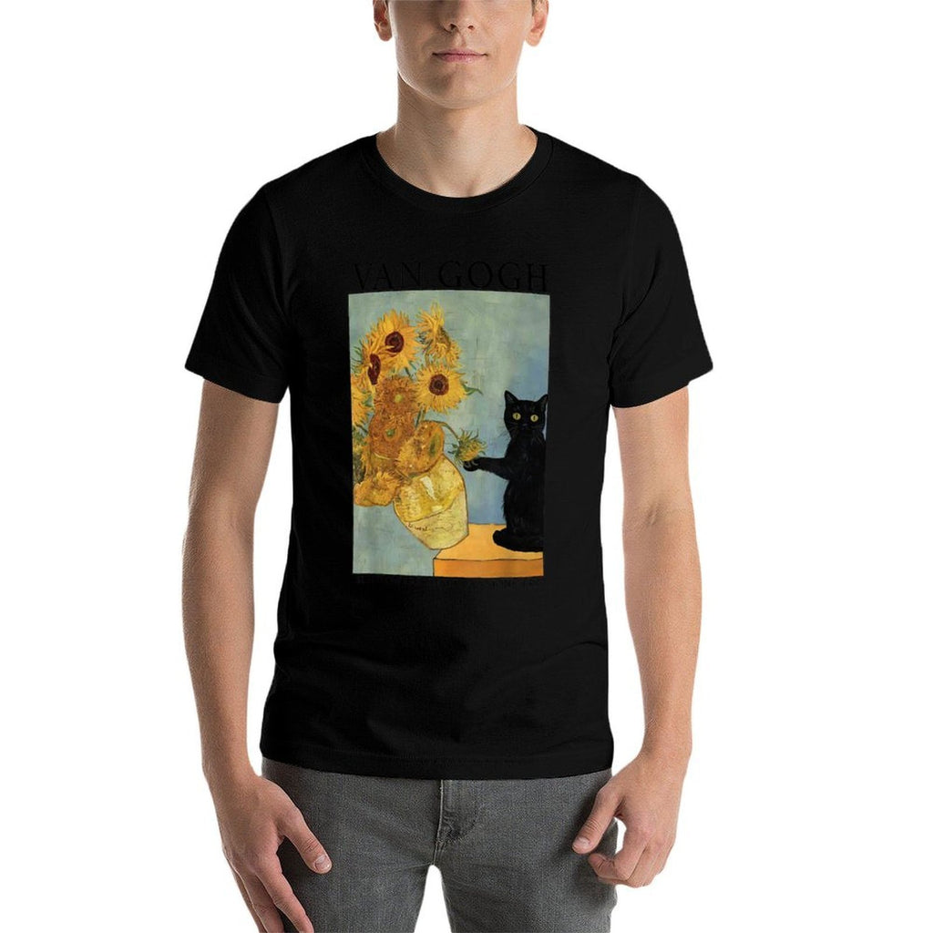 Van Gogh Black Cat With Sunflowers Funny Cat  Easy-care T-Shirt