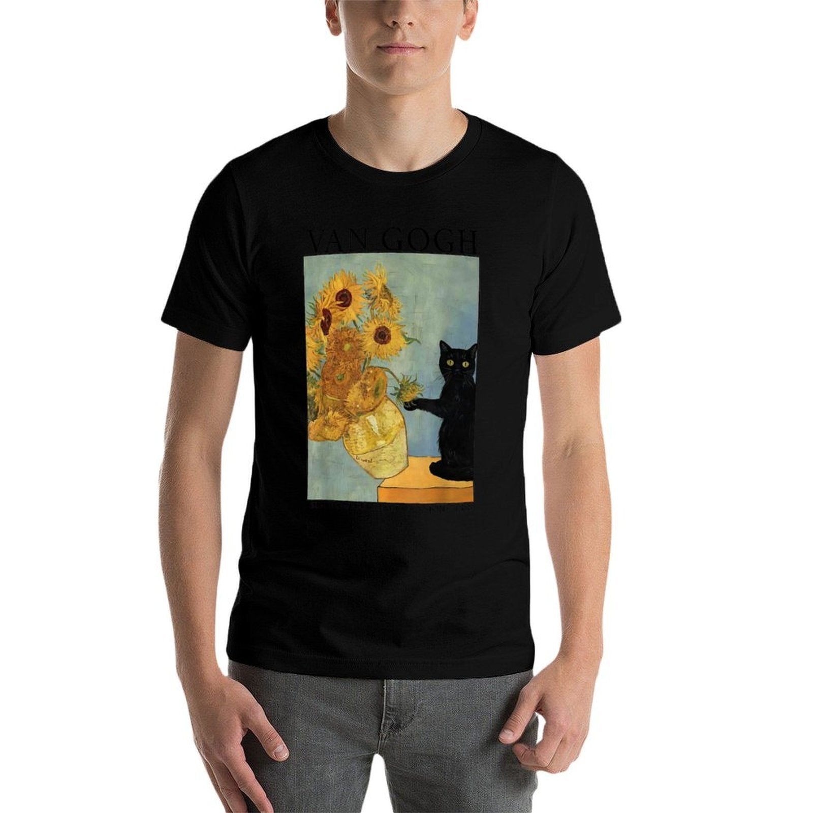 Van Gogh Black Cat With Sunflowers Funny Cat  Easy-care T-Shirt