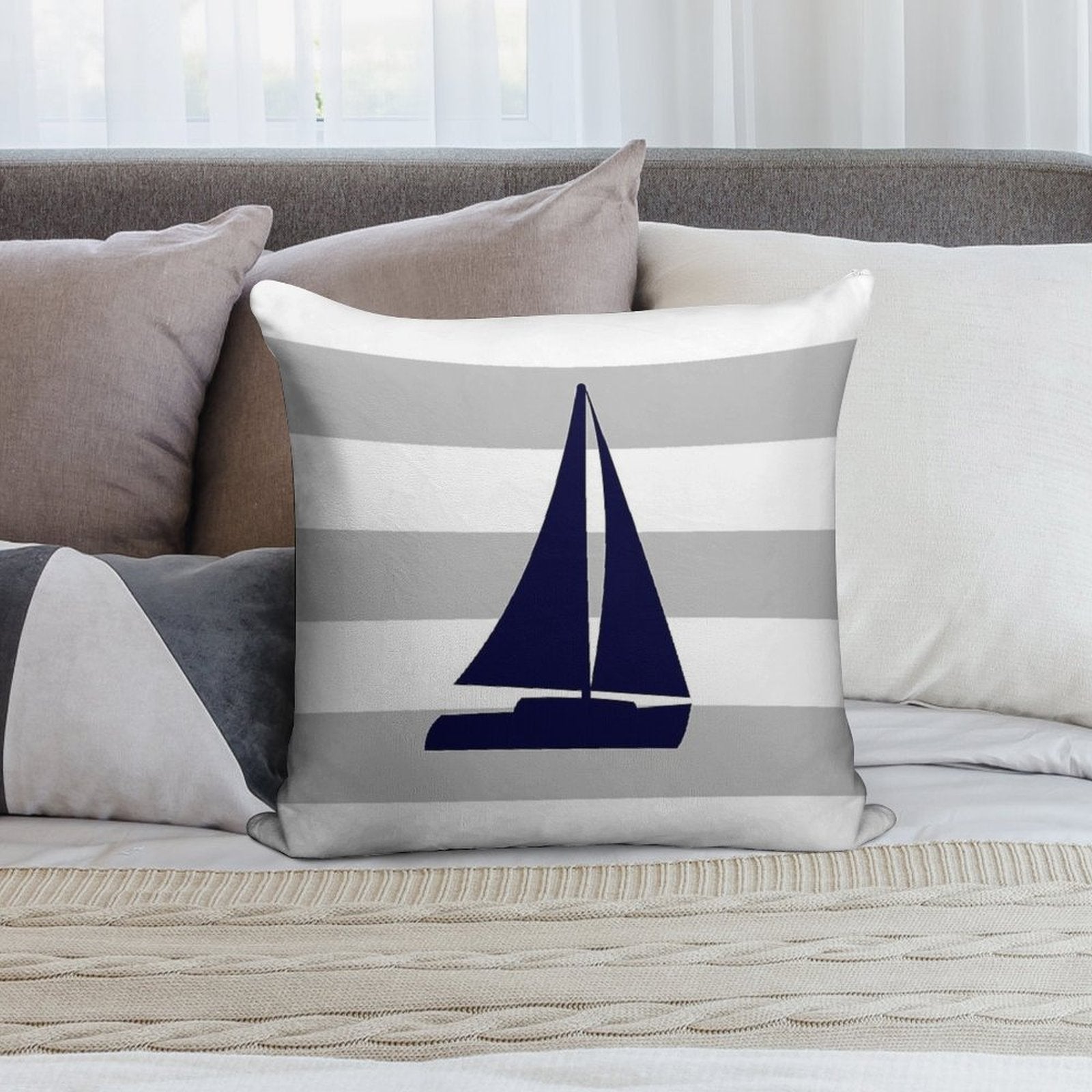 Nautical Navy Blue Sailboat On Silver Gray Stripes Soft Washable Throw Pillow