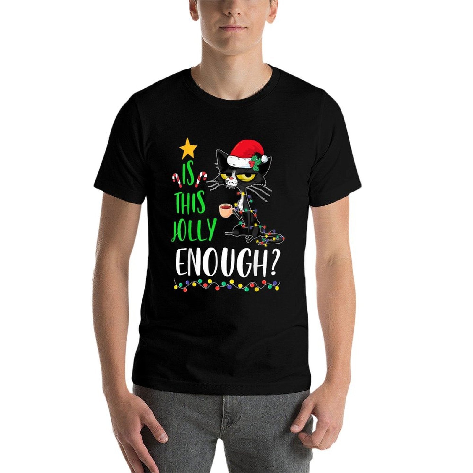 Is This Jolly Enough Black Cat Merry Christmas Tree Lights  Polyester Blend T-Shirt