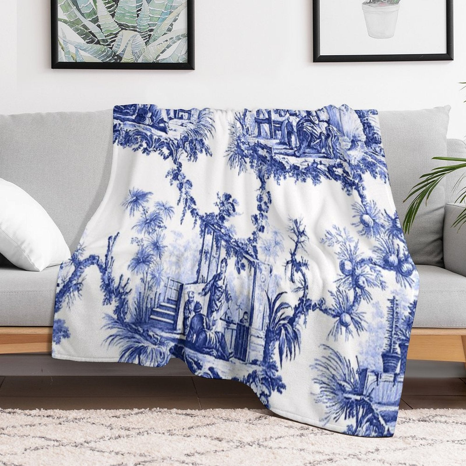 Blue Chinoiserie Toile Sustainable Throw Blanket