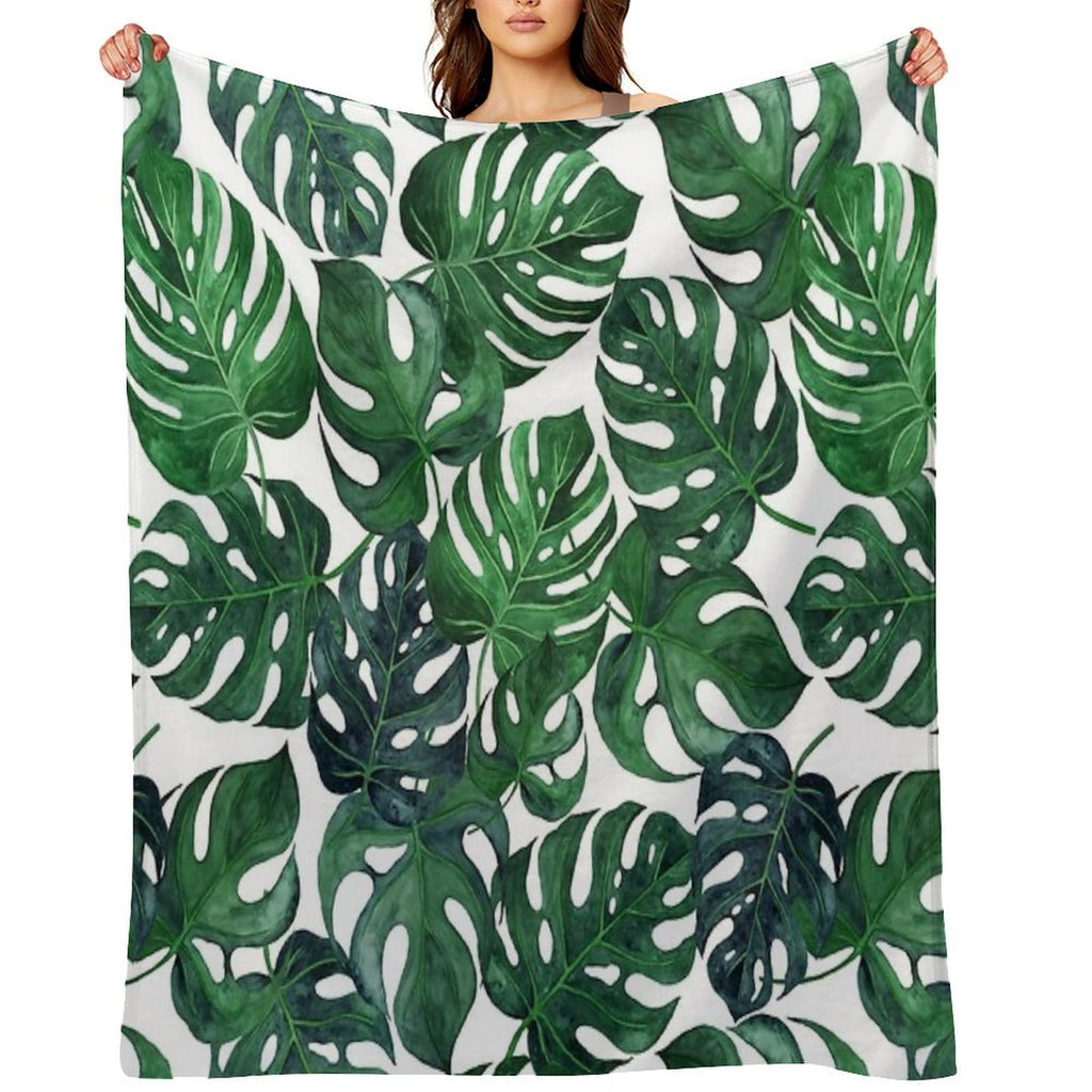 Tropical Monstera Leaves - Dark Emerald Green Machine-washable Throw Blanket