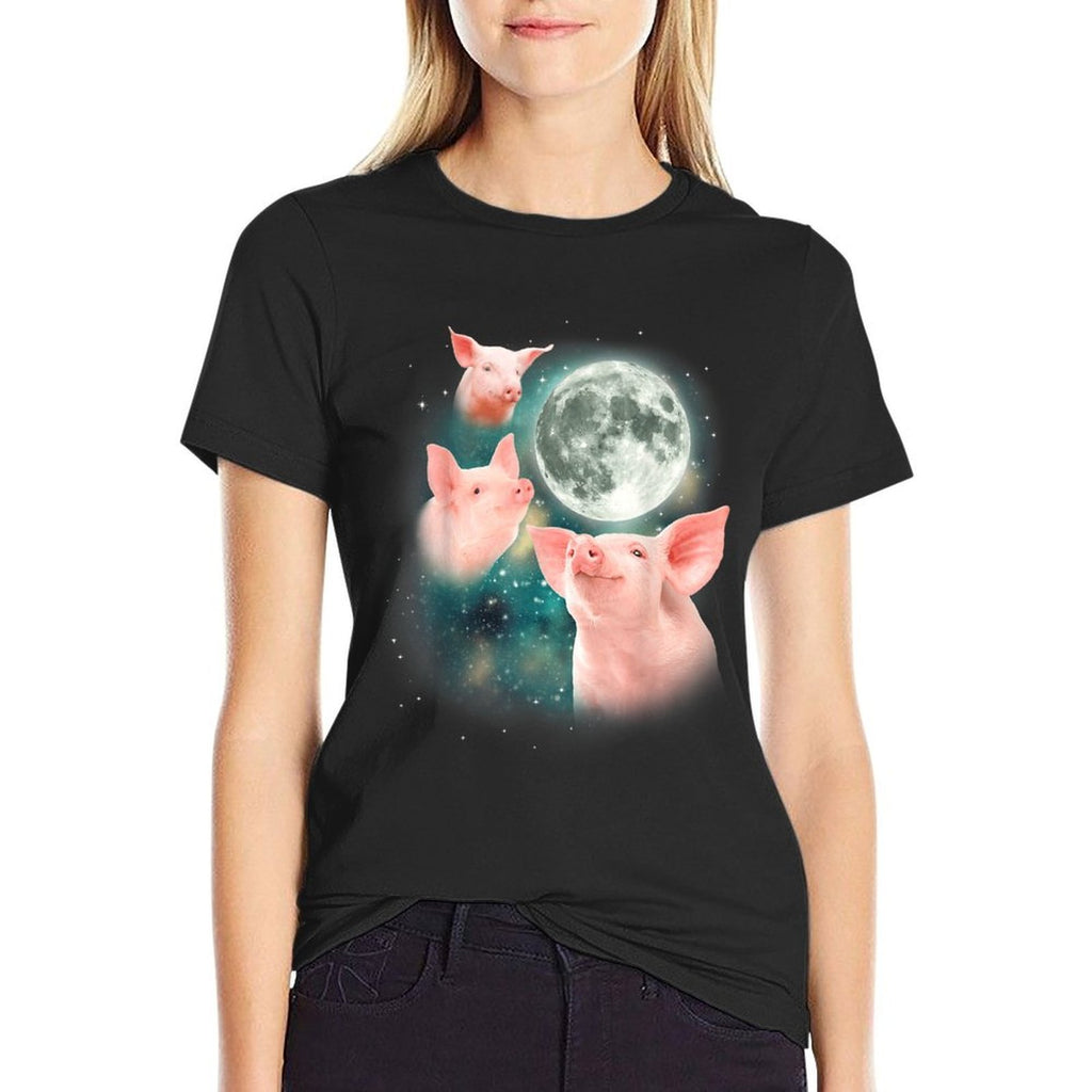 Three Pig Moon  3 Miniature Pigs Howling Swine Weird Piggy  Graphic-printed T-Shirt