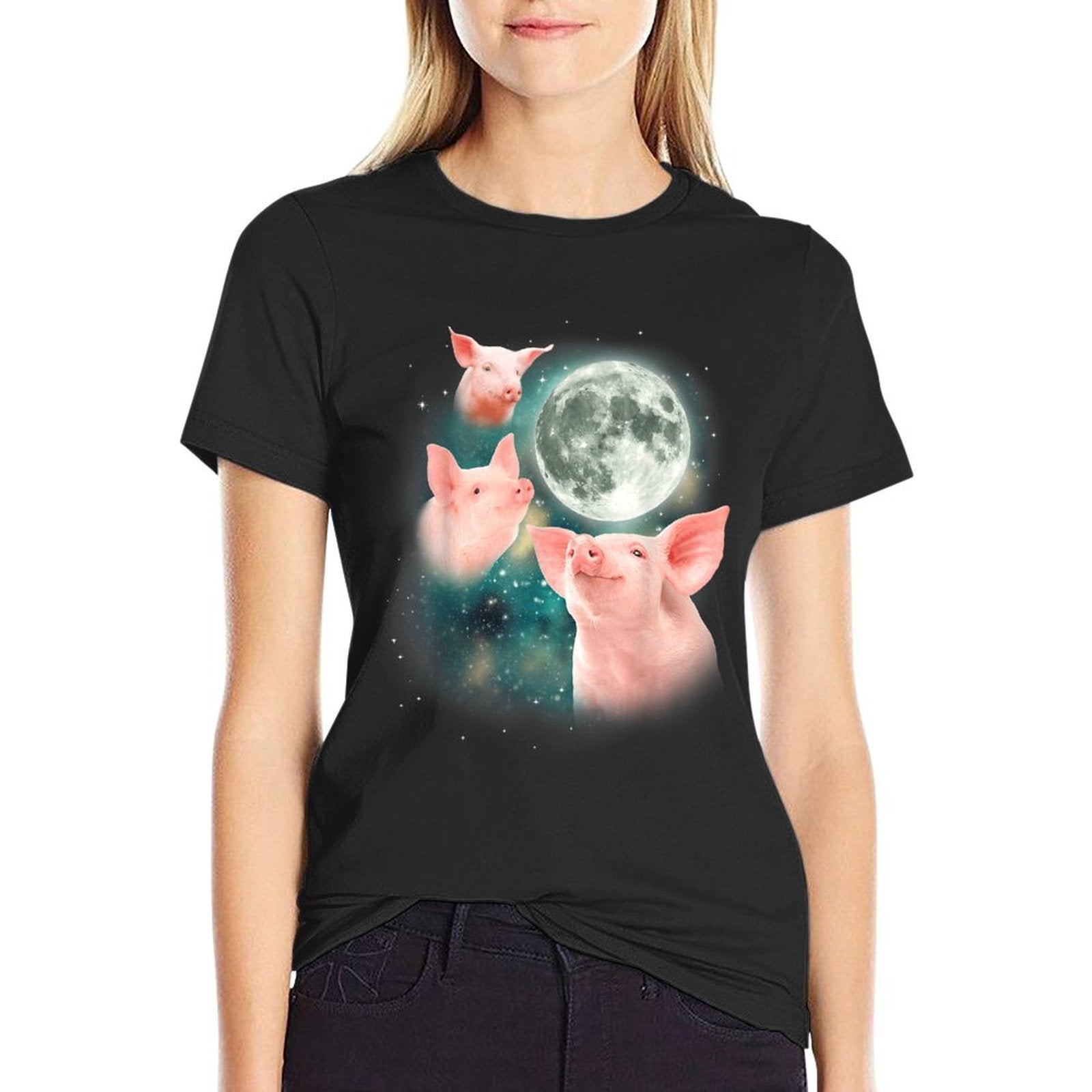 Three Pig Moon  3 Miniature Pigs Howling Swine Weird Piggy  Graphic-printed T-Shirt