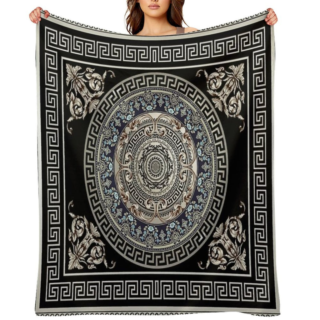 Greek Key Meander Cream Blue Black Medallion Ornate Baroque Versatility Throw Blanket