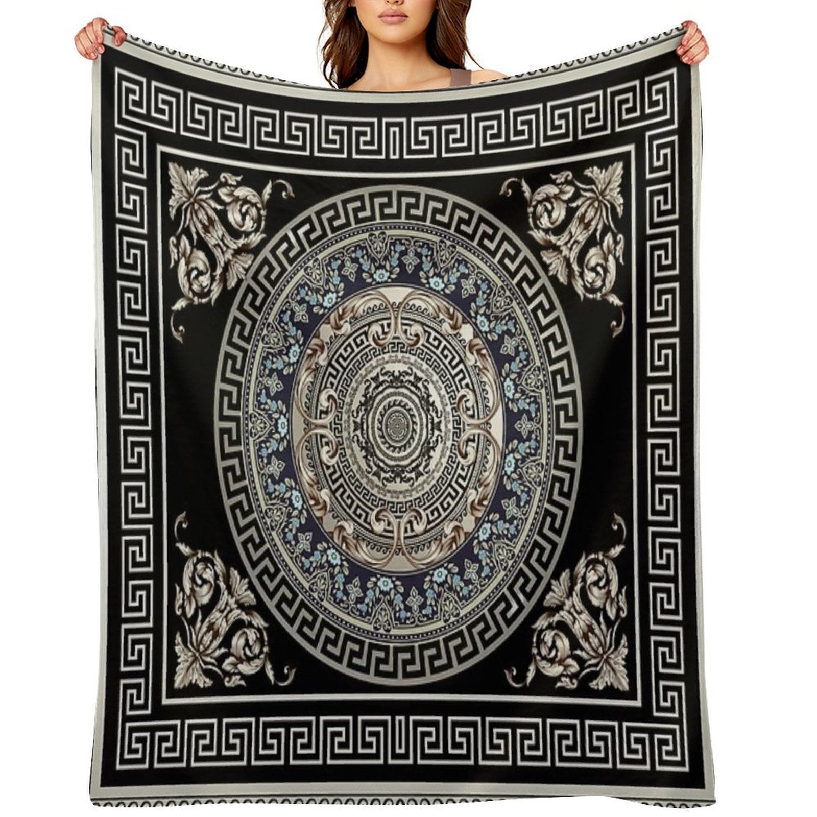 Greek Key Meander Cream Blue Black Medallion Ornate Baroque Versatility Throw Blanket