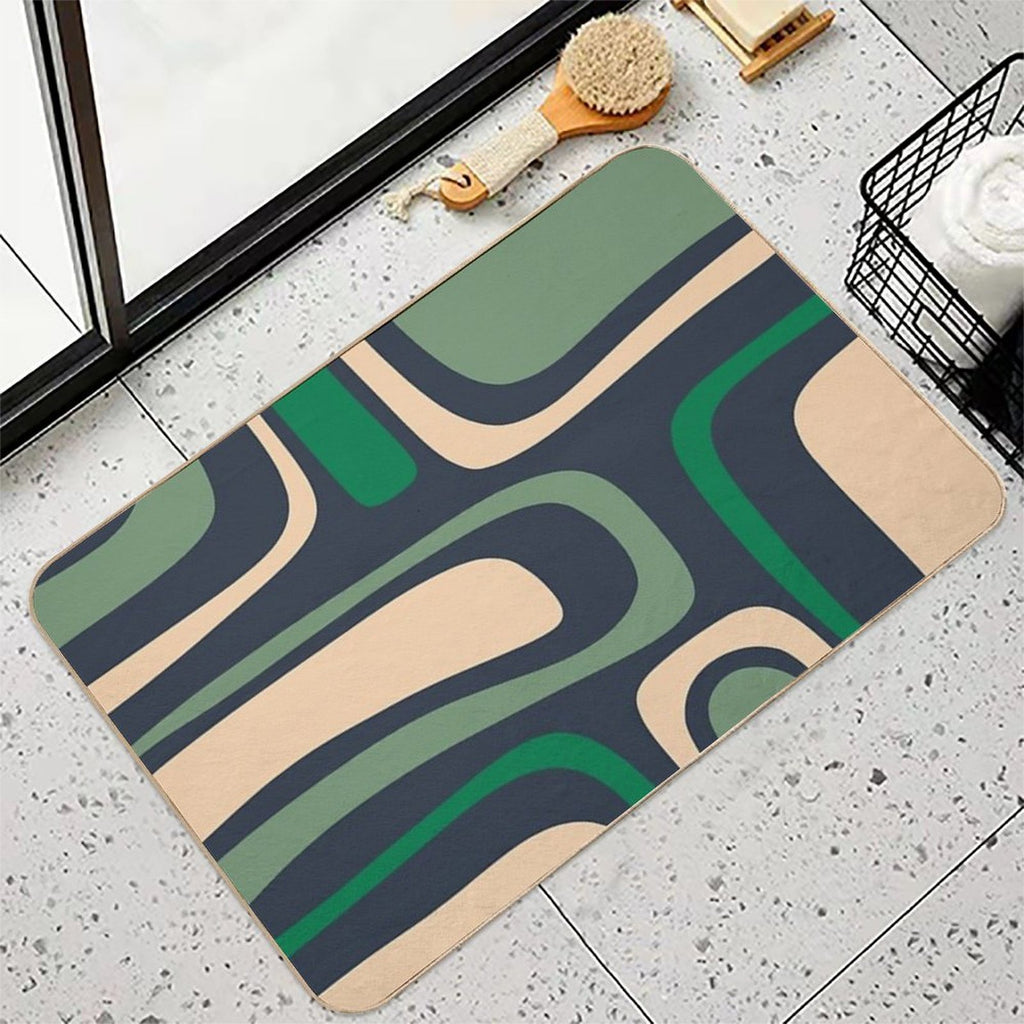 Palm Springs Retro Mid Century Modern Abstract Pattern Dark Blue, Green, And Beige  Stain-Proof Bath Mat