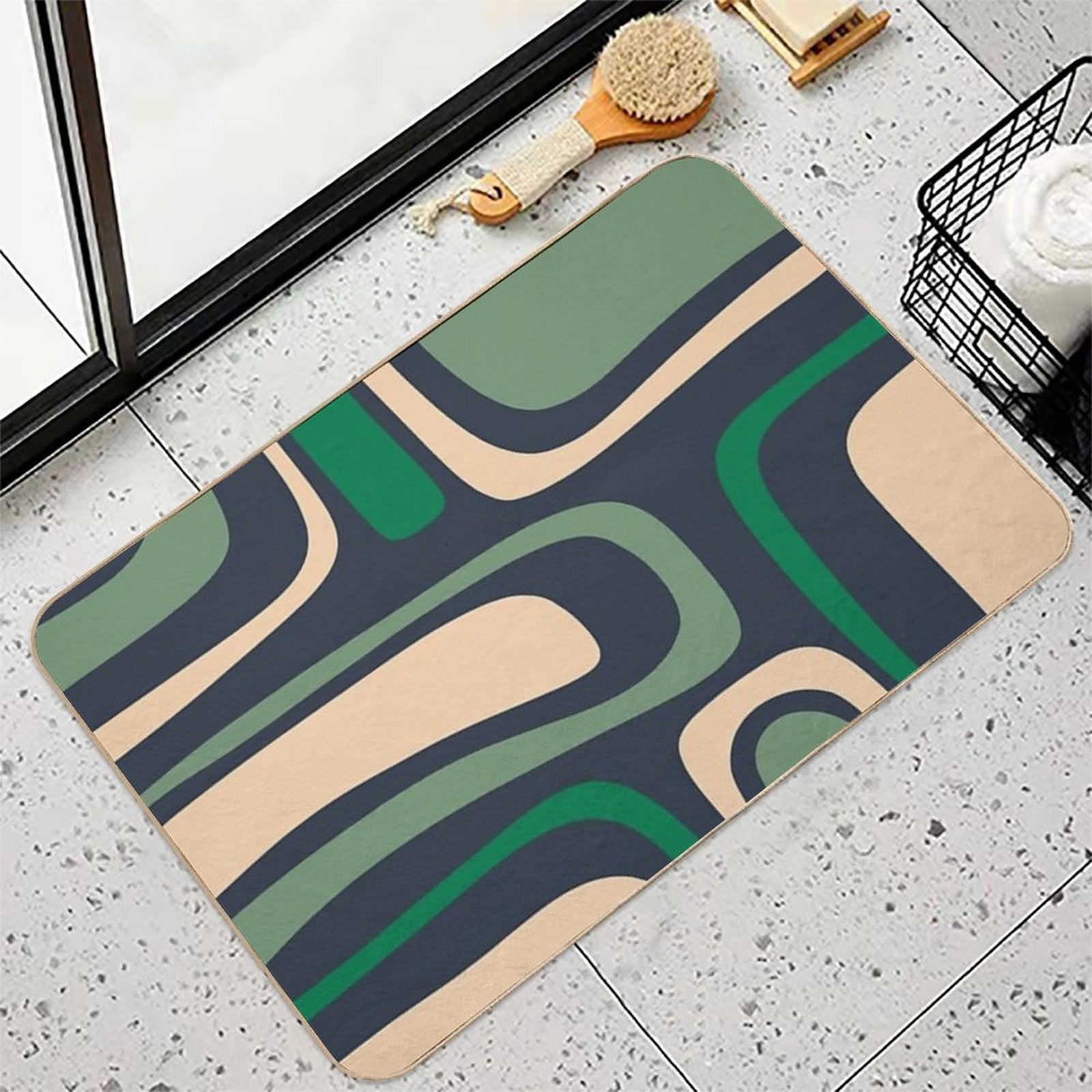 Palm Springs Retro Mid Century Modern Abstract Pattern Dark Blue, Green, And Beige  Stain-Proof Bath Mat