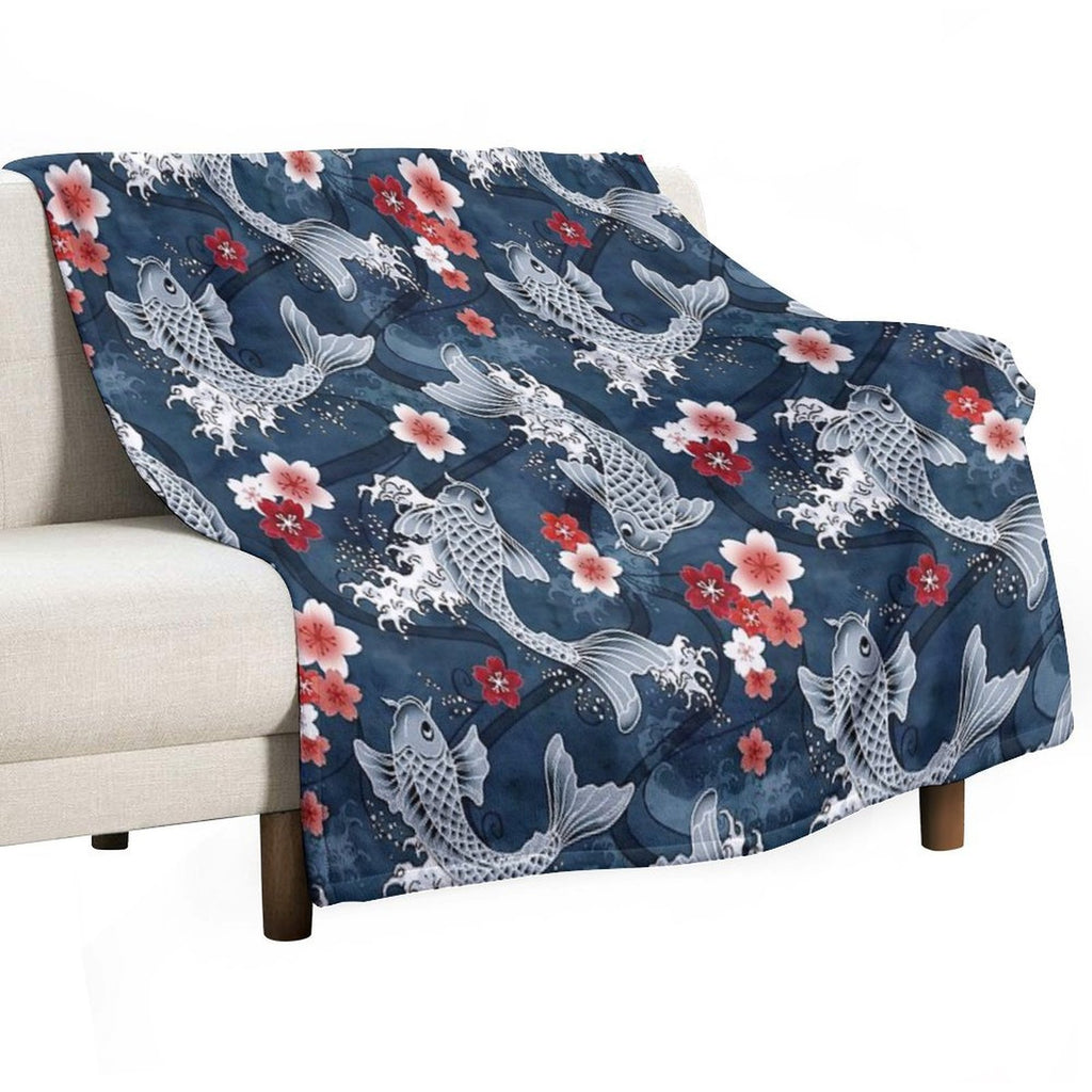 Koi Sakura Blossom in Blue Anti-pilling Throw Blanket