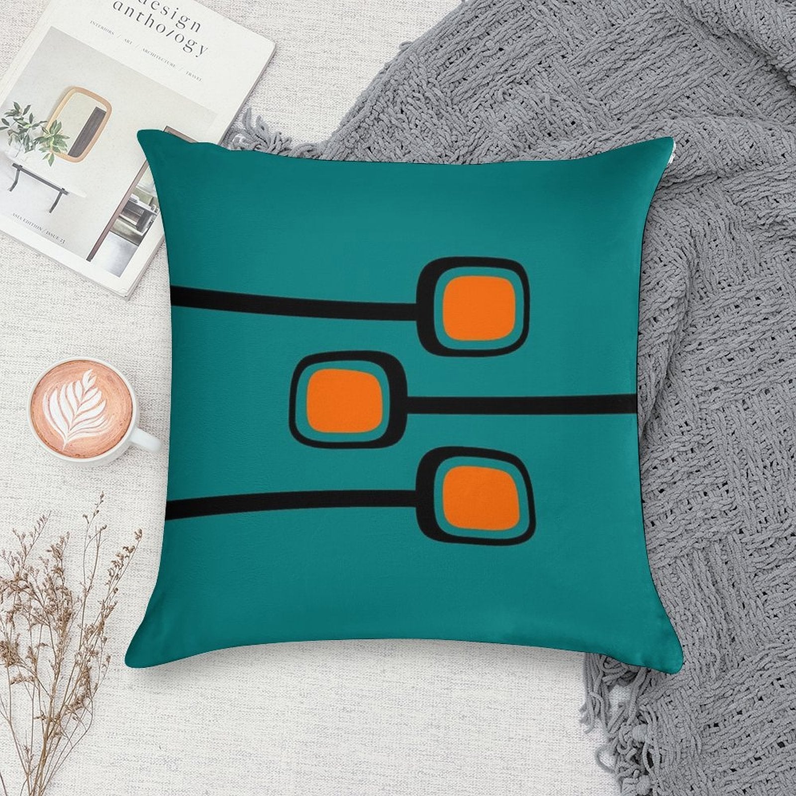 Retro Branches Black And Orange on Teal Mid Century Modern Print Soft Short Plush Fabric Throw Pillow