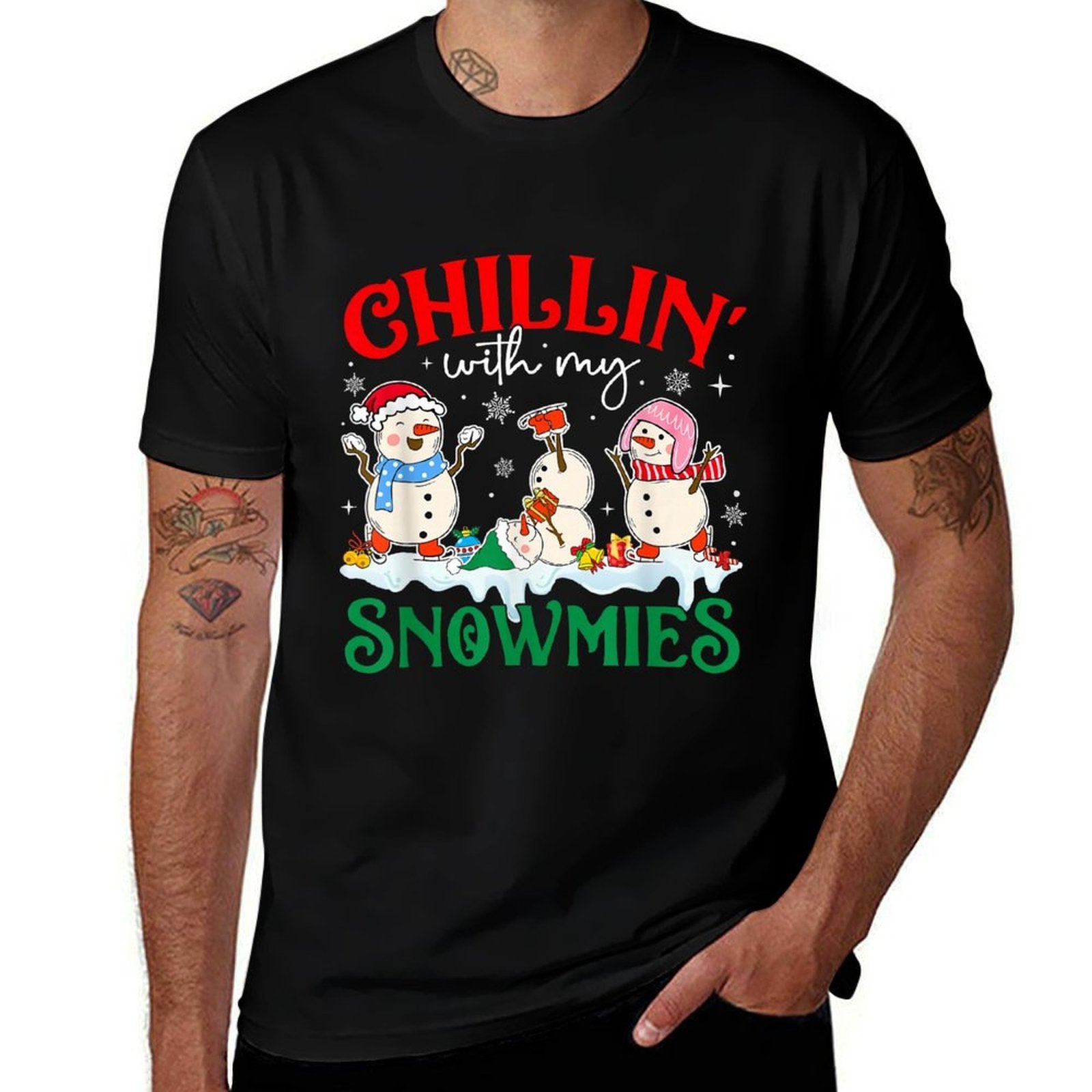 Funny Merry Christmas Snowman Chillin with My Snowmies  Summer-ready Fabric T-Shirt