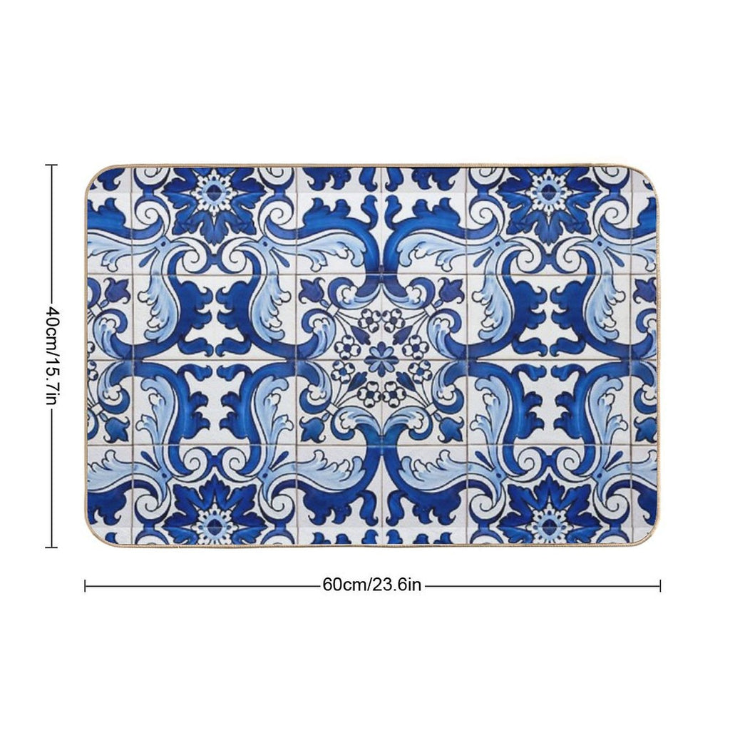 Antique Classic Lisbon Blue Azulejo Tile Floral Pattern  Pet-Safe Bath Mat