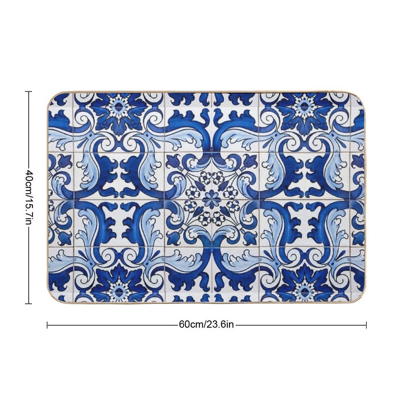 Antique Classic Lisbon Blue Azulejo Tile Floral Pattern  Pet-Safe Bath Mat