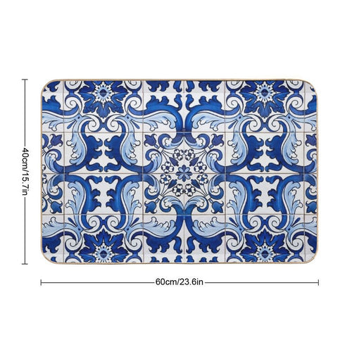 Antique Classic Lisbon Blue Azulejo Tile Floral Pattern  Pet-Safe Bath Mat