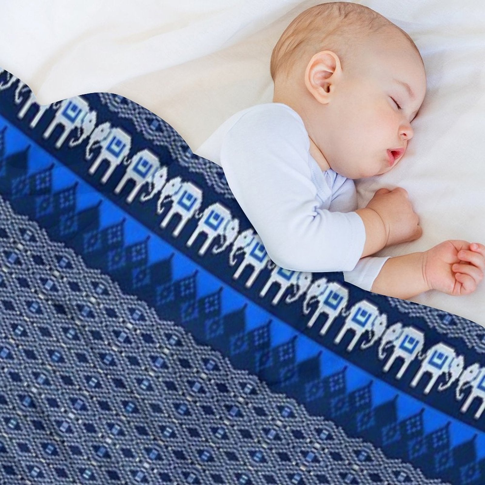 Thai Silk  Blue White Traditional Thai Silk Pattern  Traditional Thai Elephant Design Travel-friendly Throw Blanket