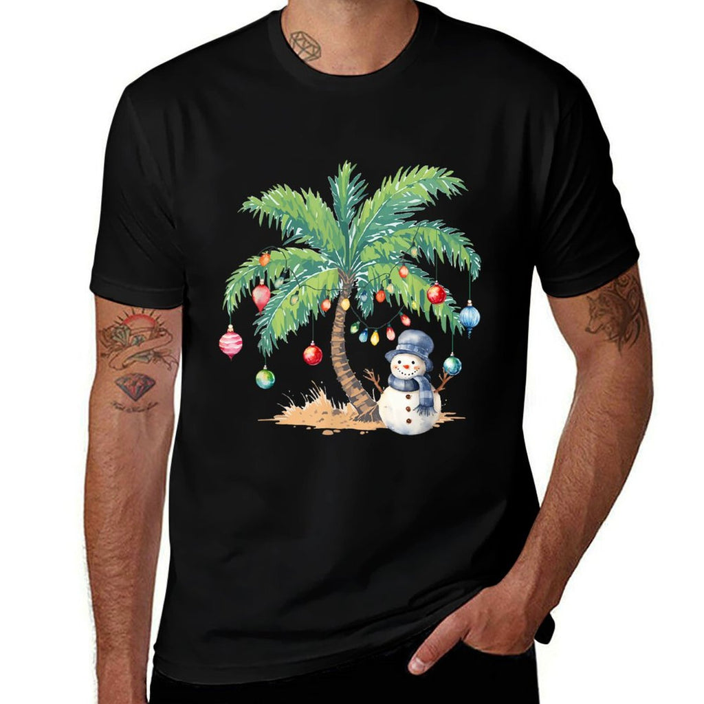 Vintage Palm Tree Snowman Tropical Christmas Deck The Palms  Polyester Blend T-Shirt