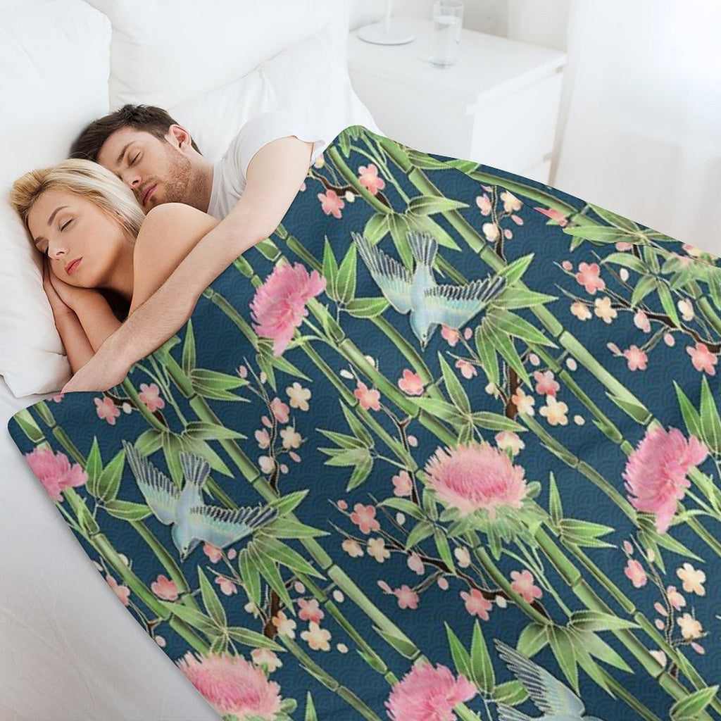 Bamboo, Birds And Blossom - Dark Teal Durable Throw Blanket