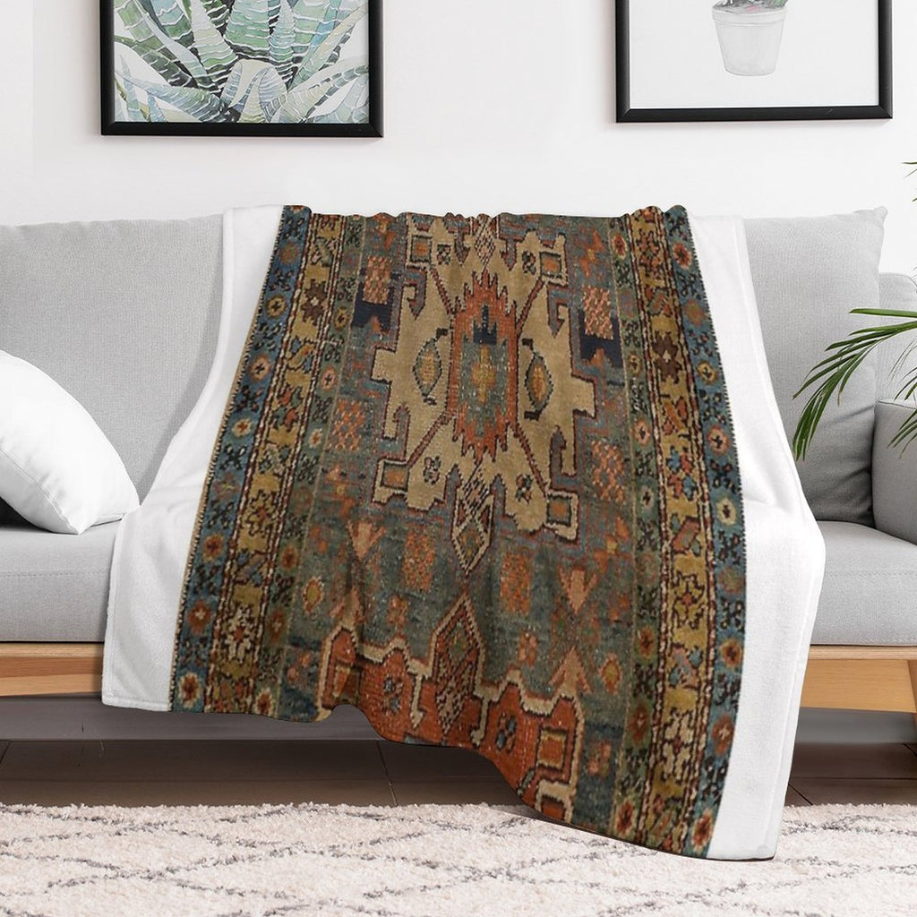 Persia Heriz 19th Century Authentic Colorful Picture of A Orange Blue And Green Rug Sustainable Throw Blanket