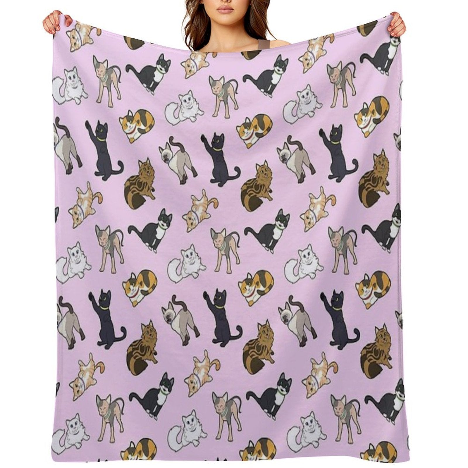 Cat Pattern - Pink Machine-washable Throw Blanket