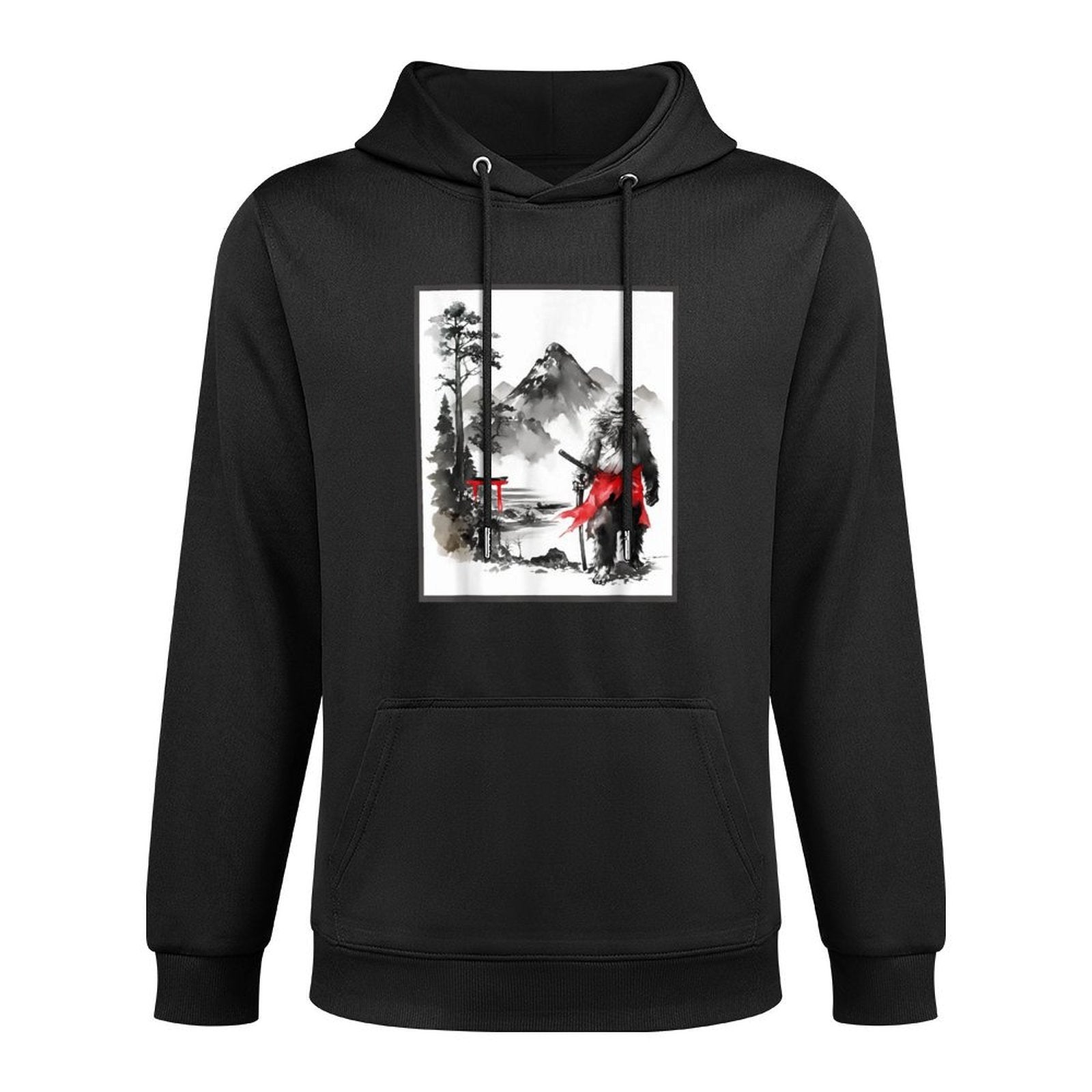 Bigfoot Samurai Japanese Vintage Painting Sumi-E Sasquatch Shape Retention Hoodie