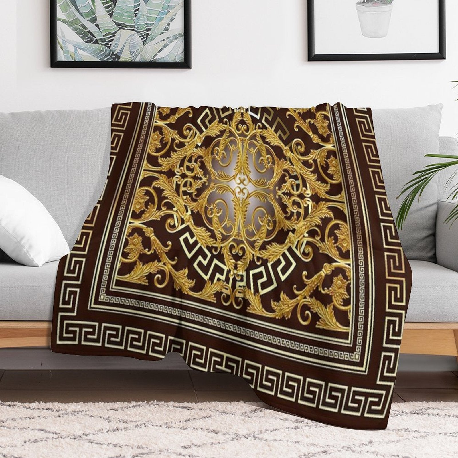 Baroque Greek Keys Gold Maroon Anti-pilling Throw Blanket