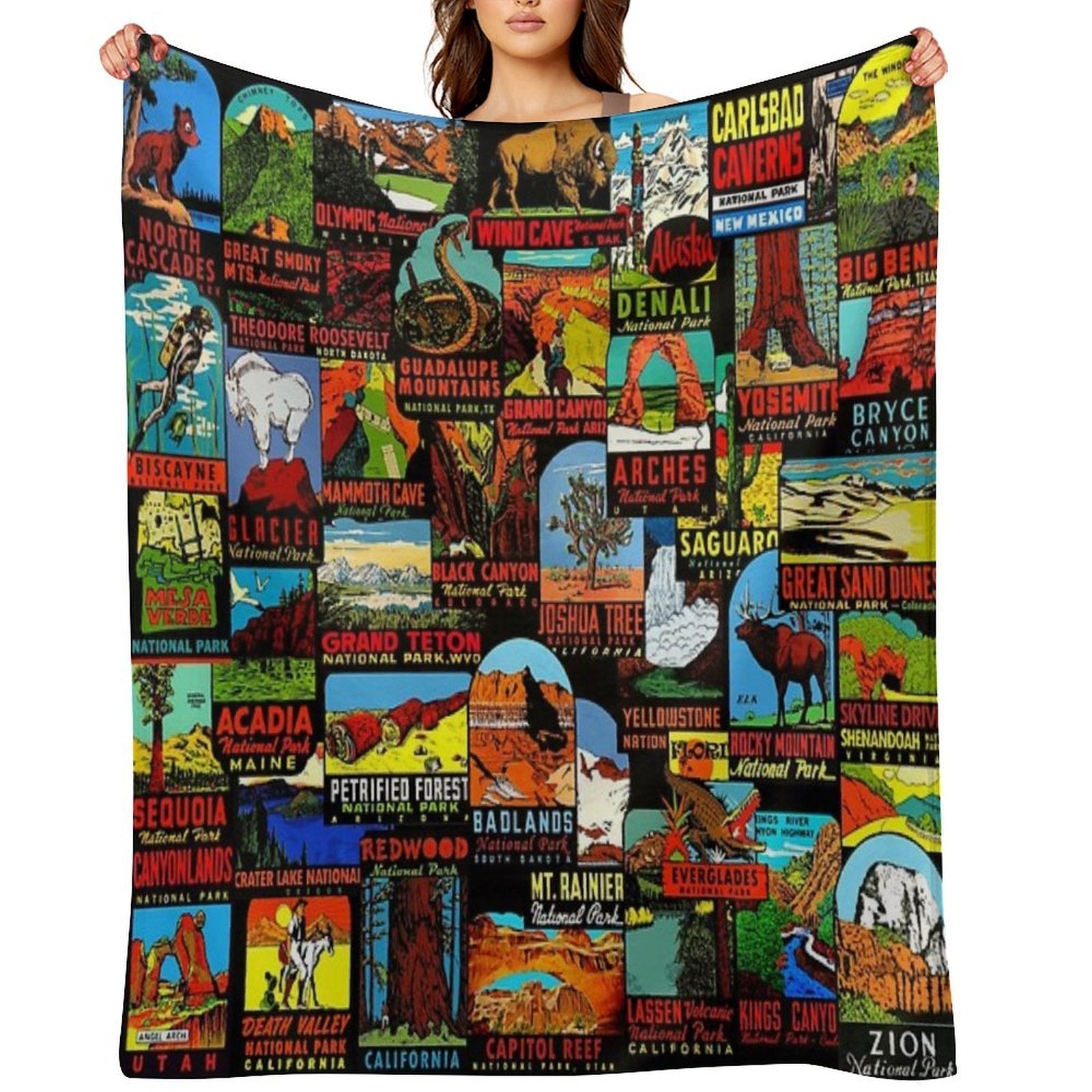 American National Parks Vintage Travel Decal Bomb Shrink-resistant Throw Blanket
