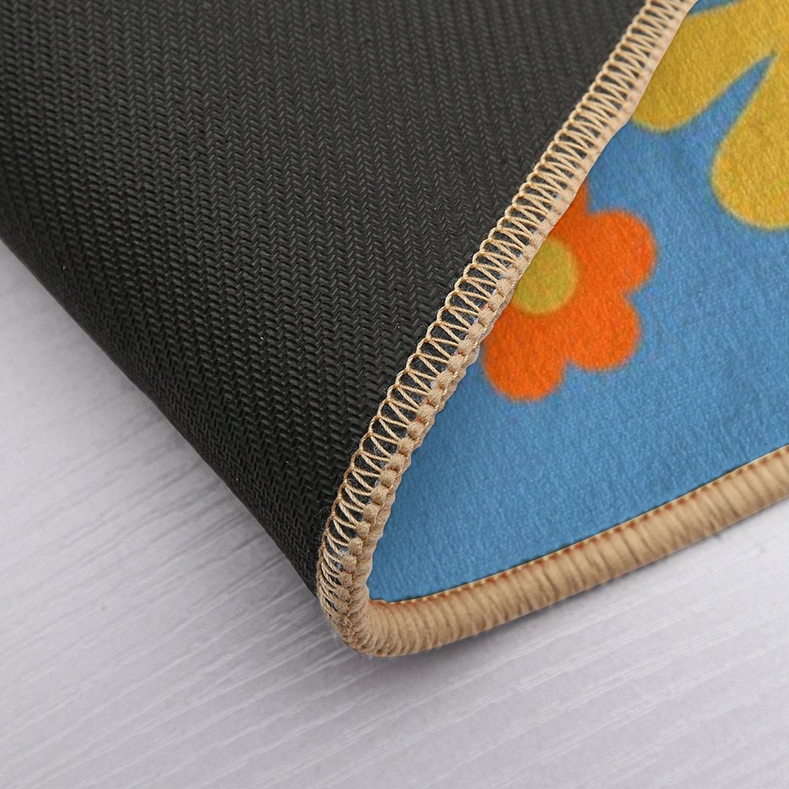 Retro Modern Scandi Flower Grid Pattern Blue Green Mustard Orange Beige  Pet-Safe Bath Mat