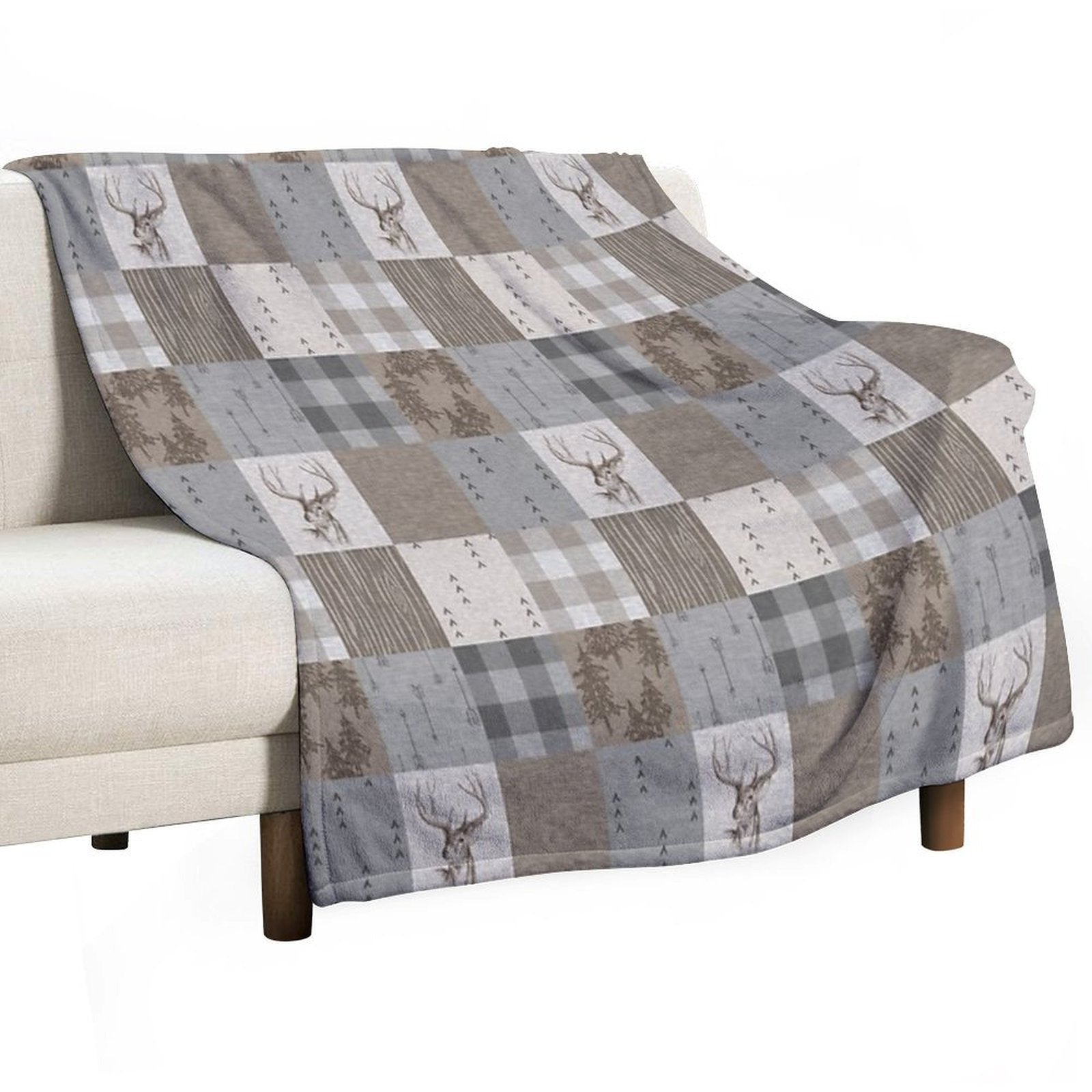 Deer Patchwork - Rustic Neutrals Easy Care Throw Blanket