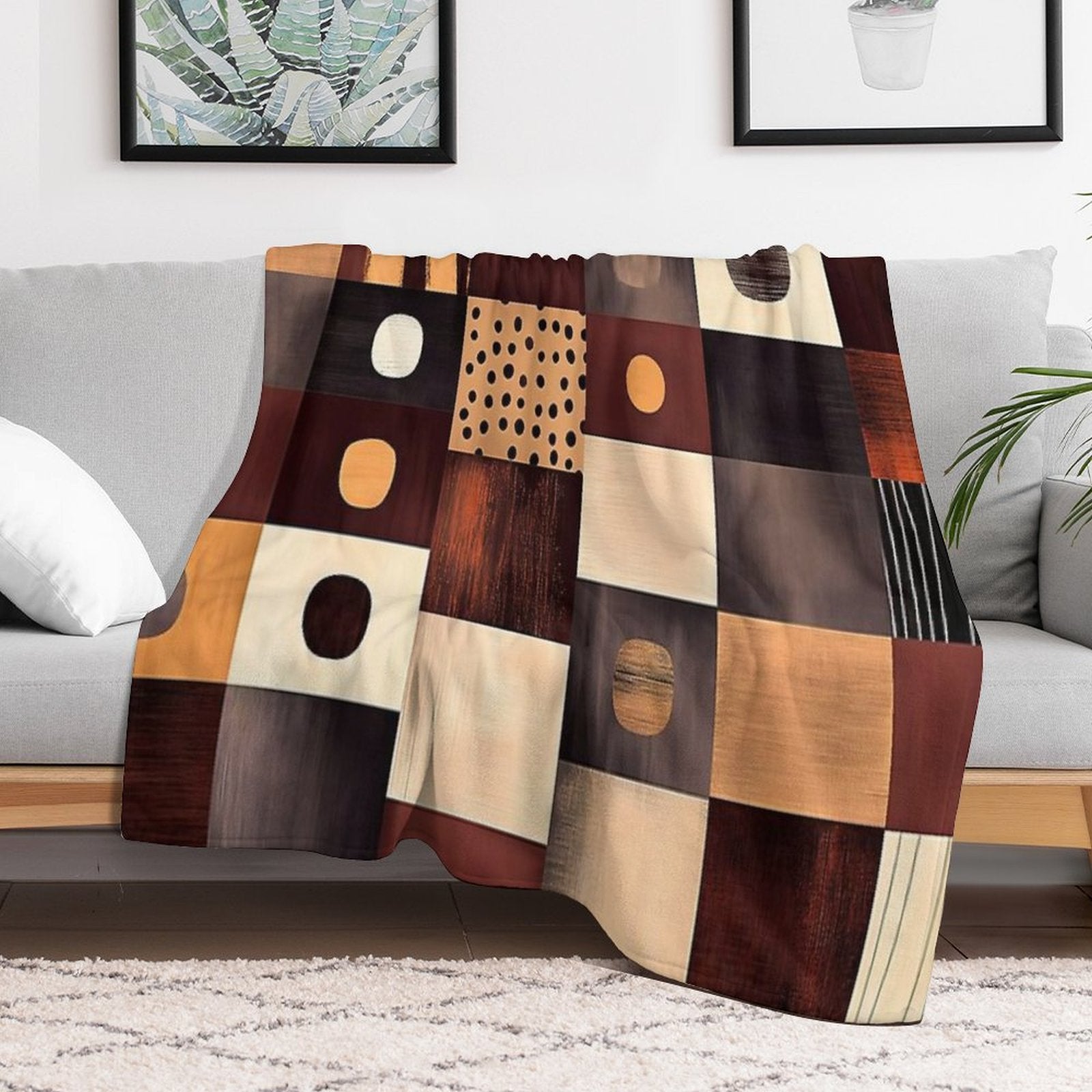 Abstract Rectangular Pattern in Burgundy, Cream, And Gold Wrinkle-free Throw Blanket
