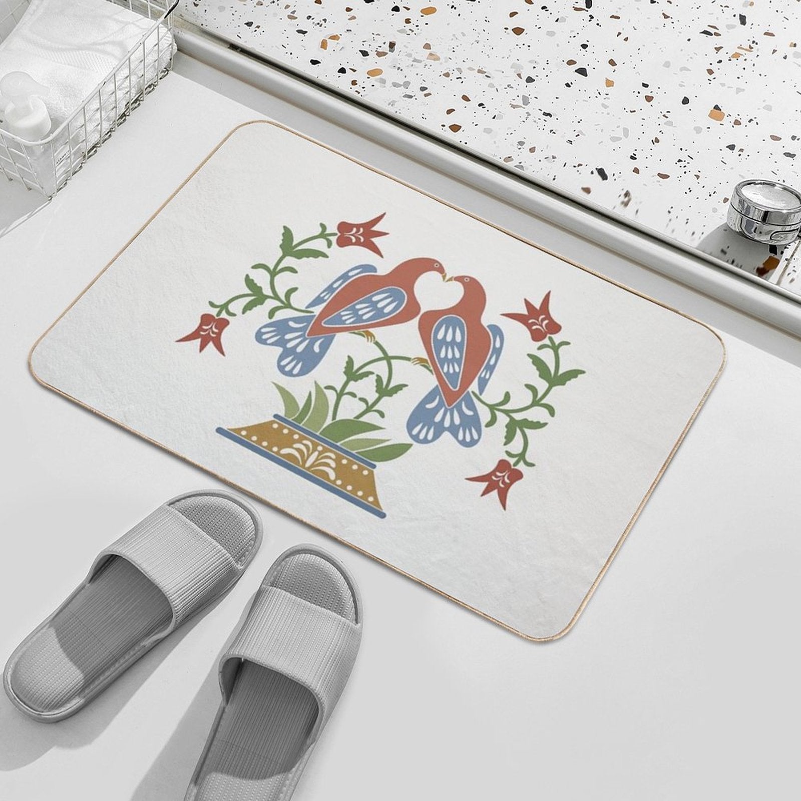 Folk Art Love Birds with Tulips  Pet-Safe Bath Mat