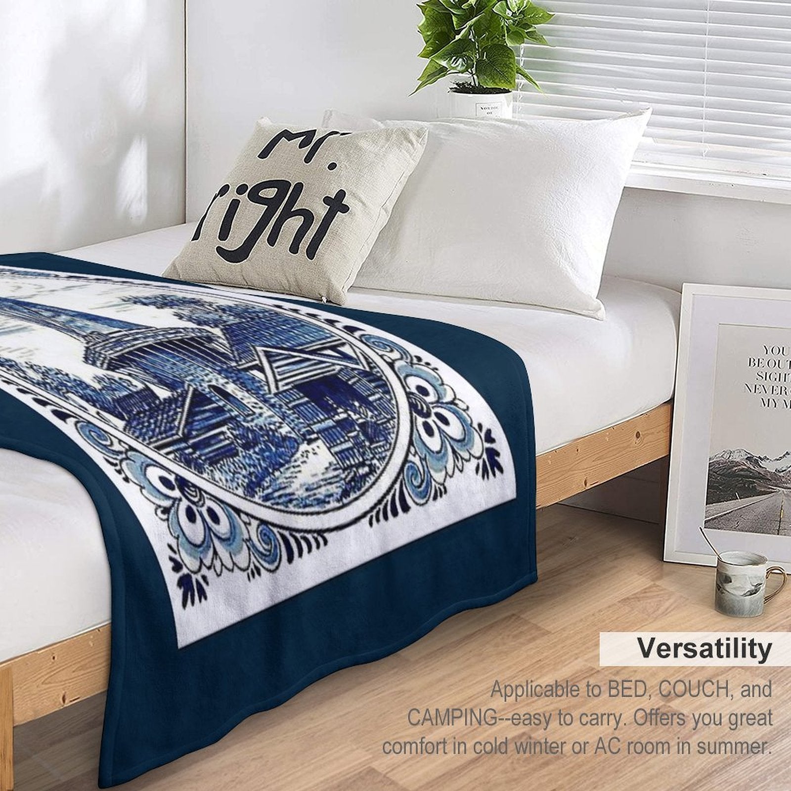 DUTCH BLUE DELFT  Vintage Windmill  Print Sustainable Throw Blanket