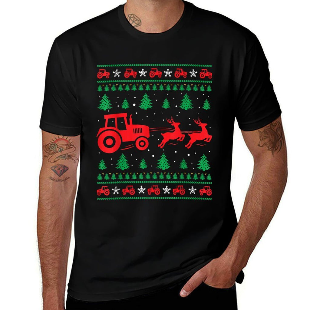 Tractor Riding Reindeers Farmers Ugly Christmas Sweater Boys  Breathable T-Shirt